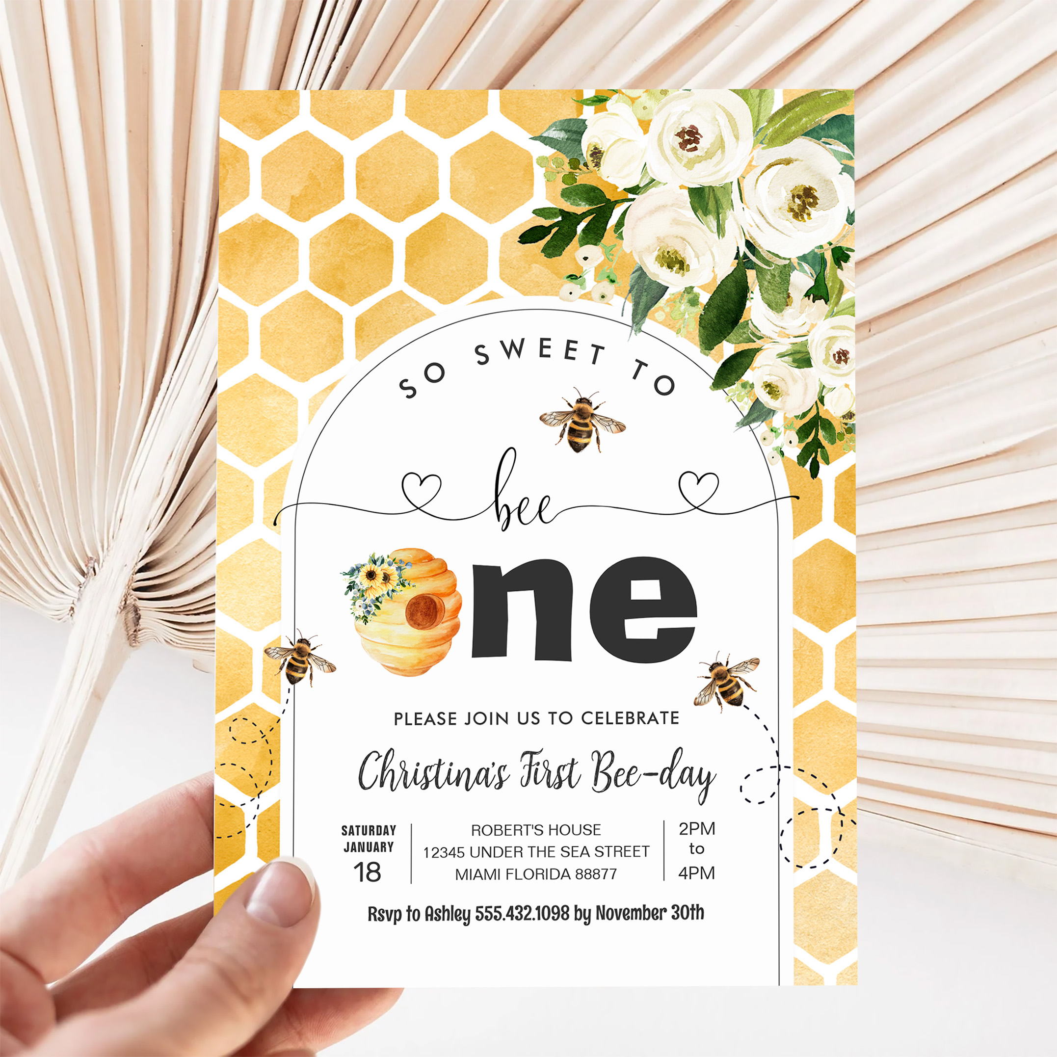 So Sweet To Bee One Bee Theme Party First Birthday Invitation - Image 5