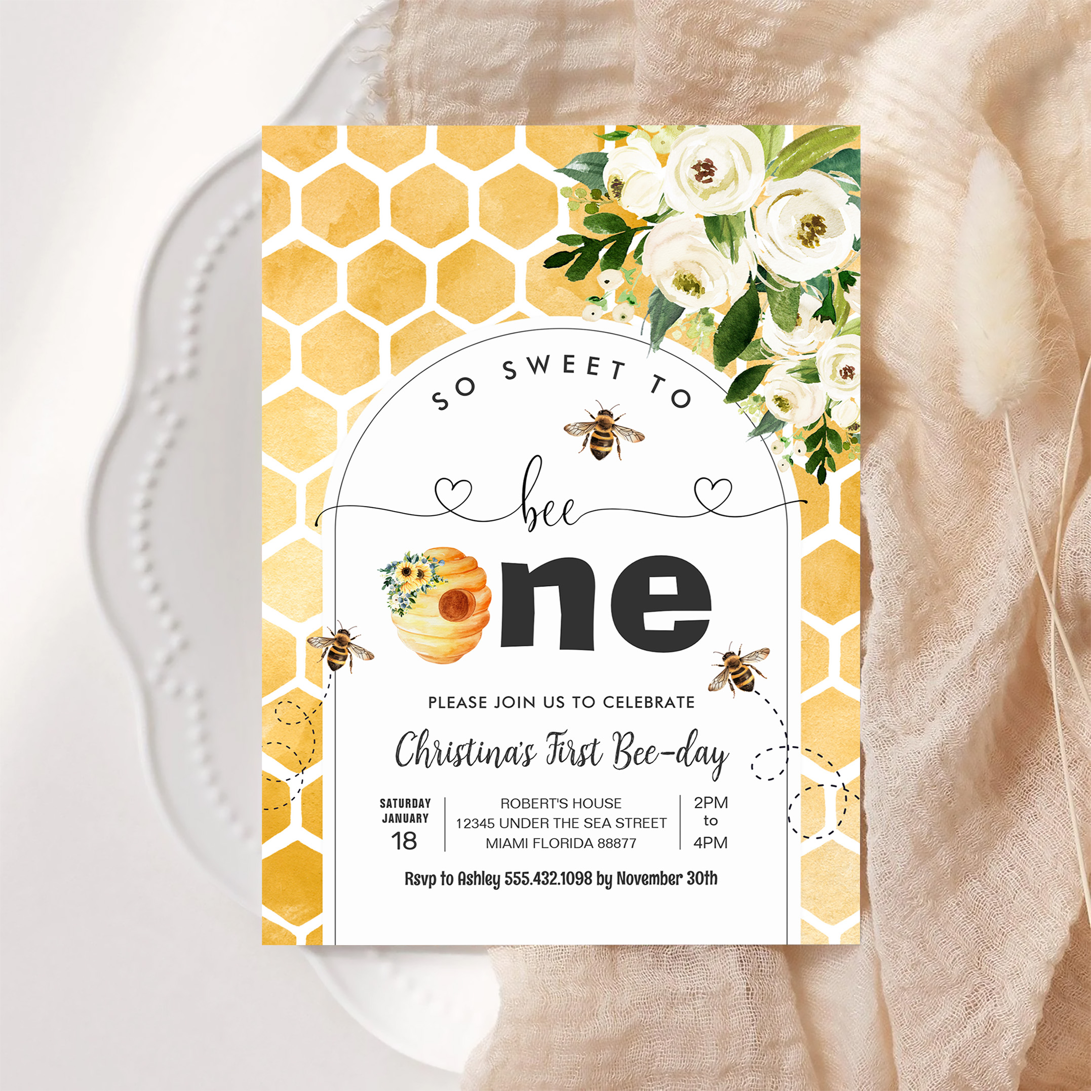 So Sweet To Bee One Bee Theme Party First Birthday Invitation - Image 6