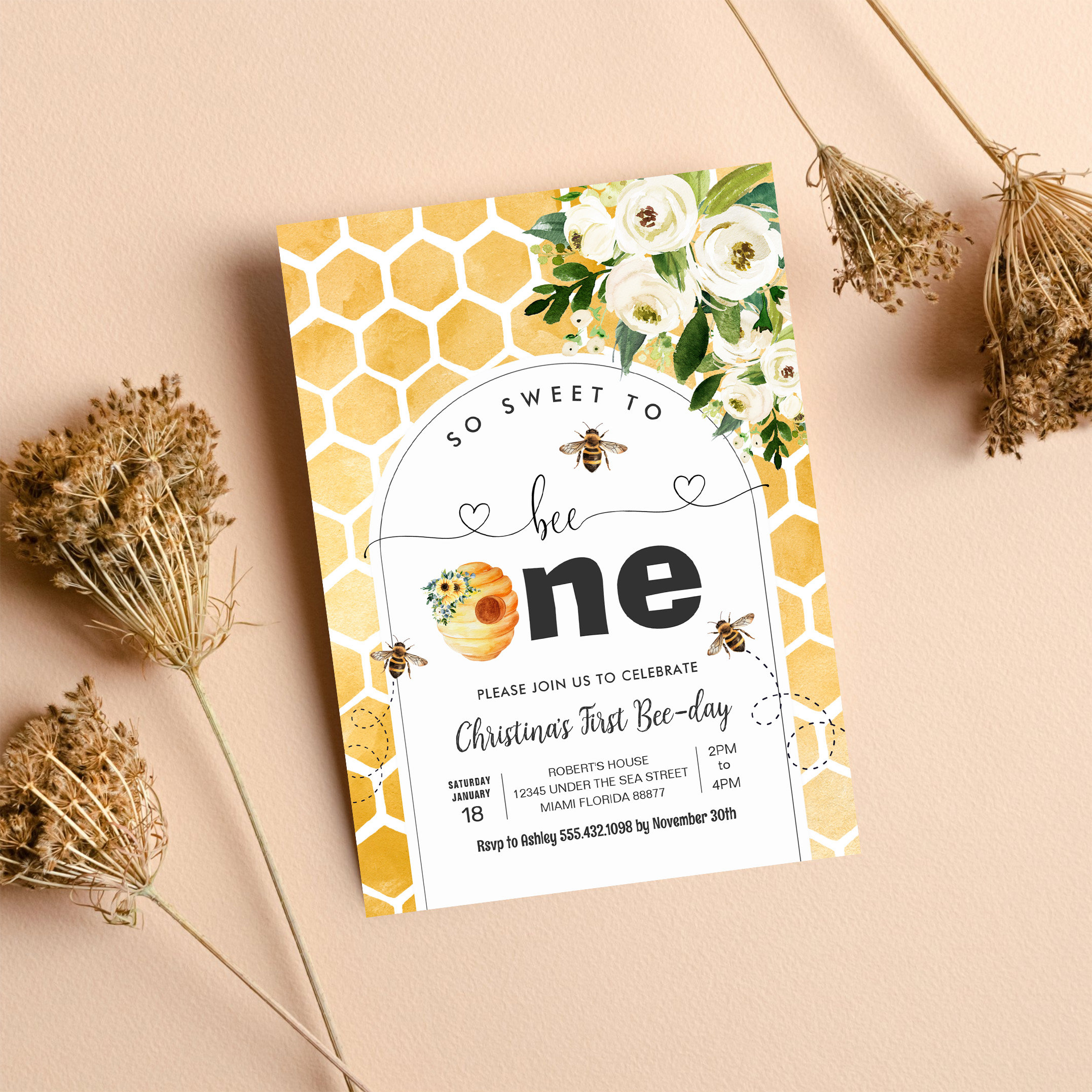 So Sweet To Bee One Bee Theme Party First Birthday Invitation - Image 8