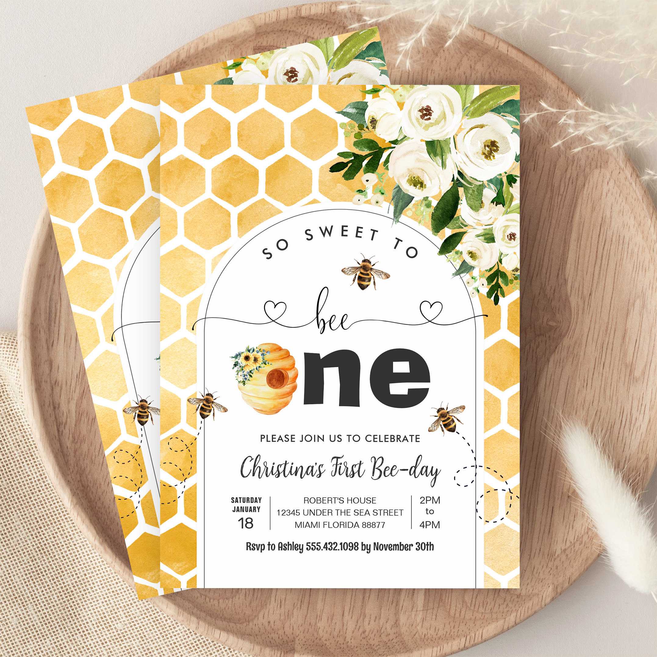 So Sweet To Bee One Bee Theme Party First Birthday Invitation - Image 9