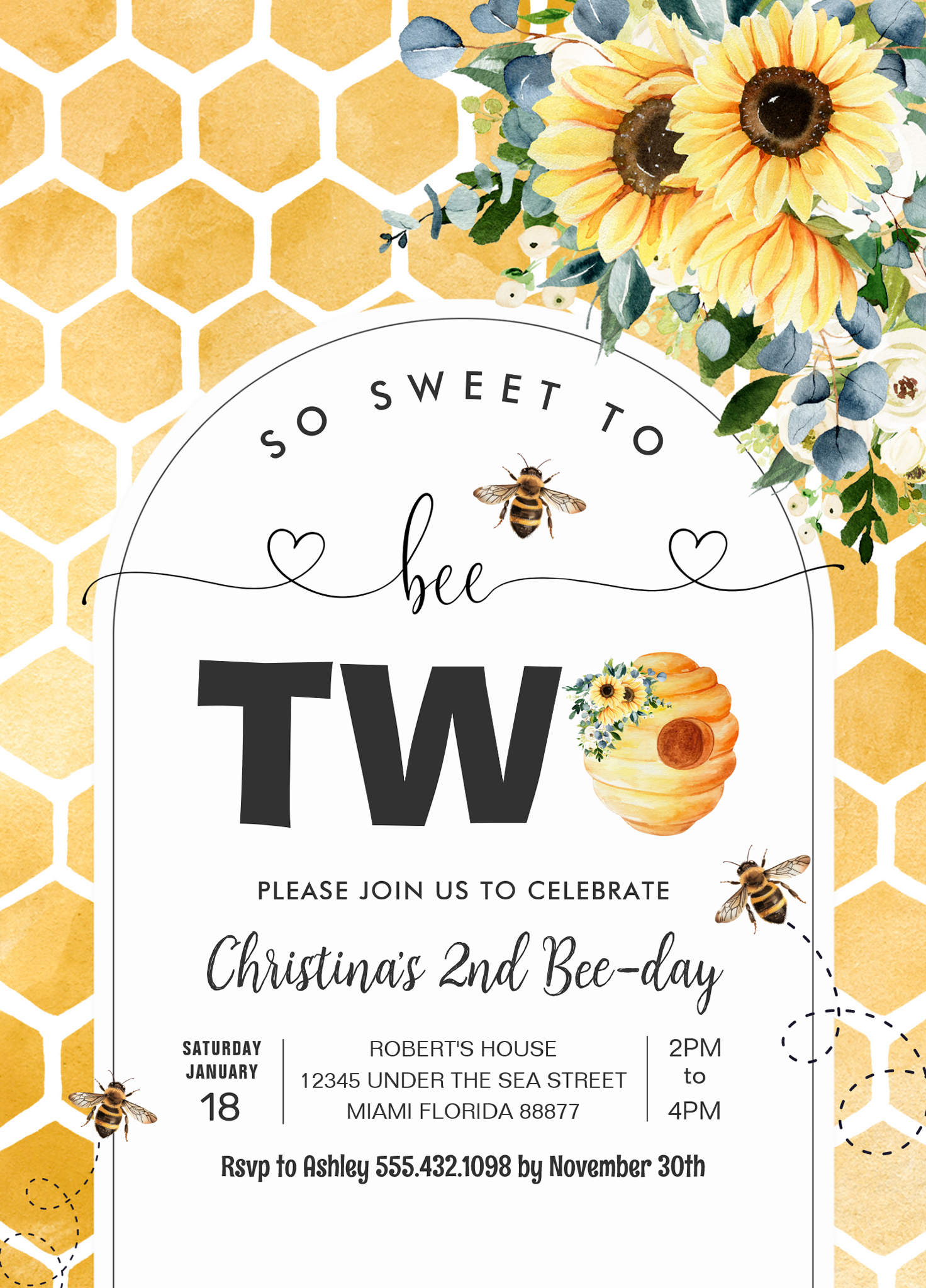So Sweet To Bee Two Bee Theme Party First Birthday Invitation