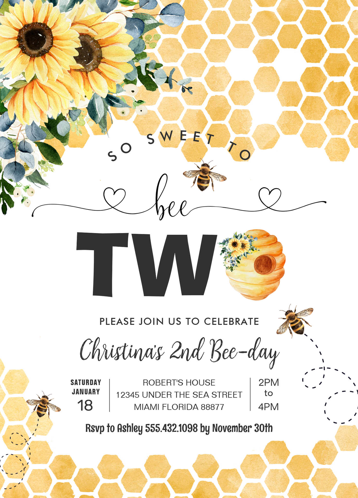 So Sweet To Bee Two Bee Theme Party First Birthday Invitation