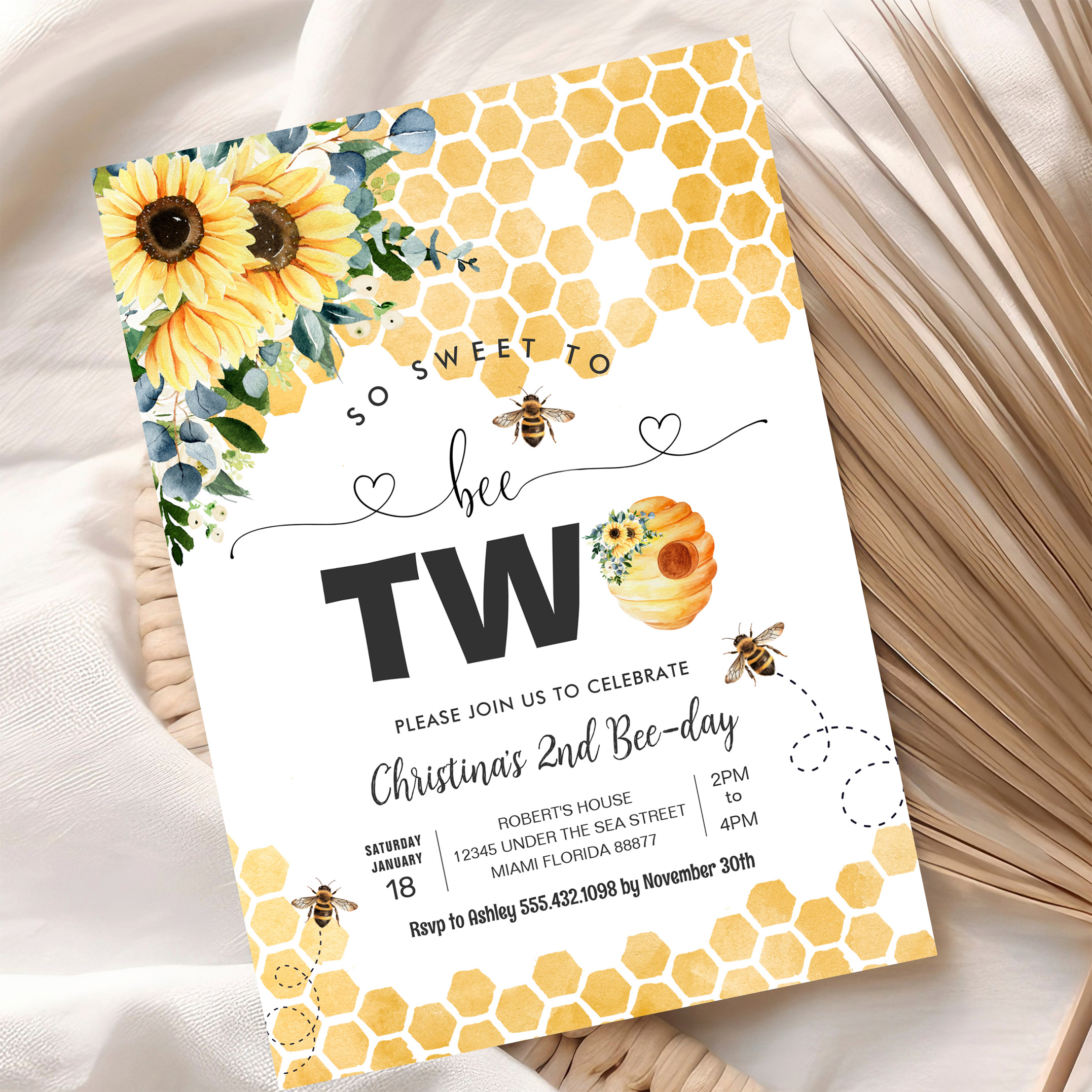 So Sweet To Bee Two Bee Theme Party First Birthday Invitation - Image 10