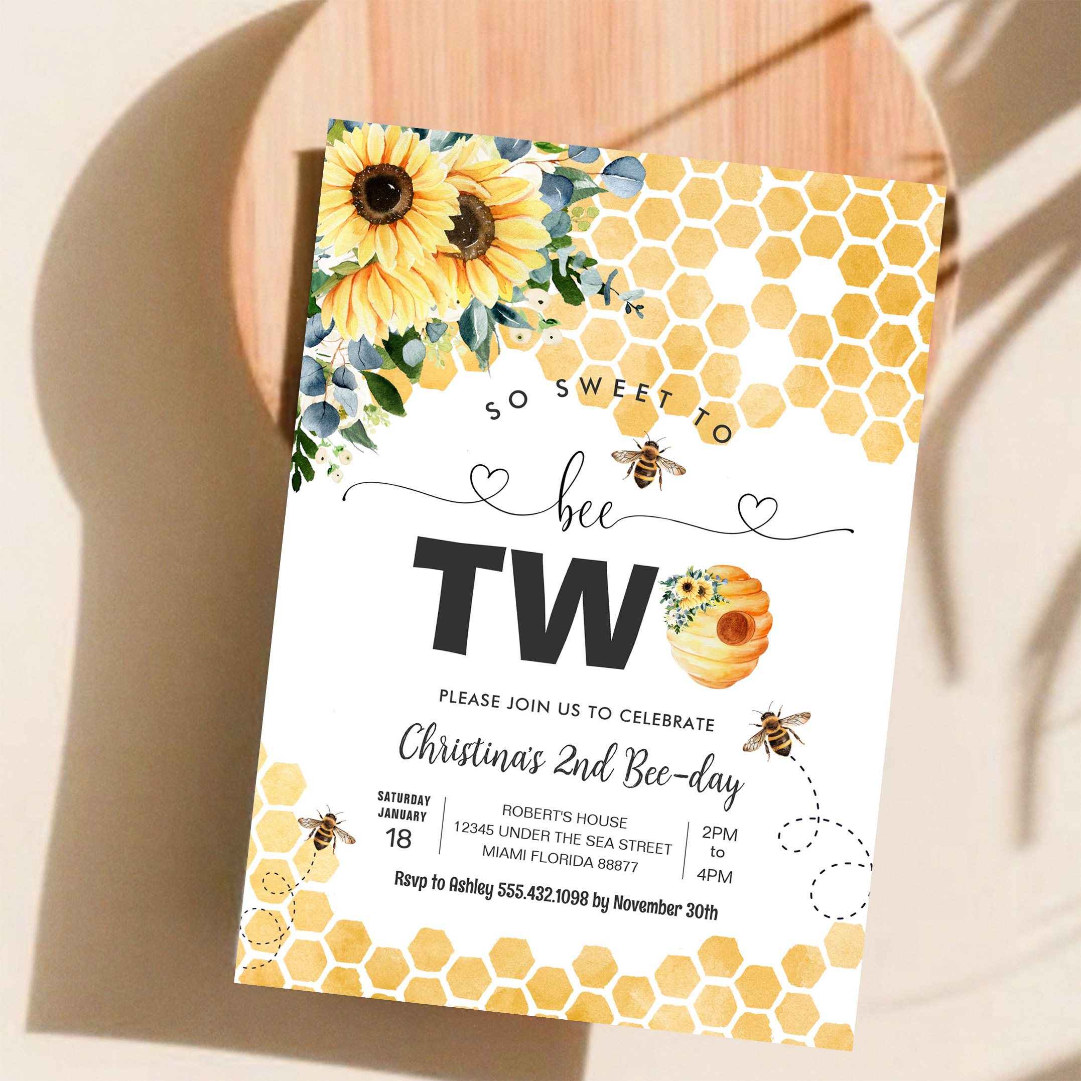 So Sweet To Bee Two Bee Theme Party First Birthday Invitation - Image 11