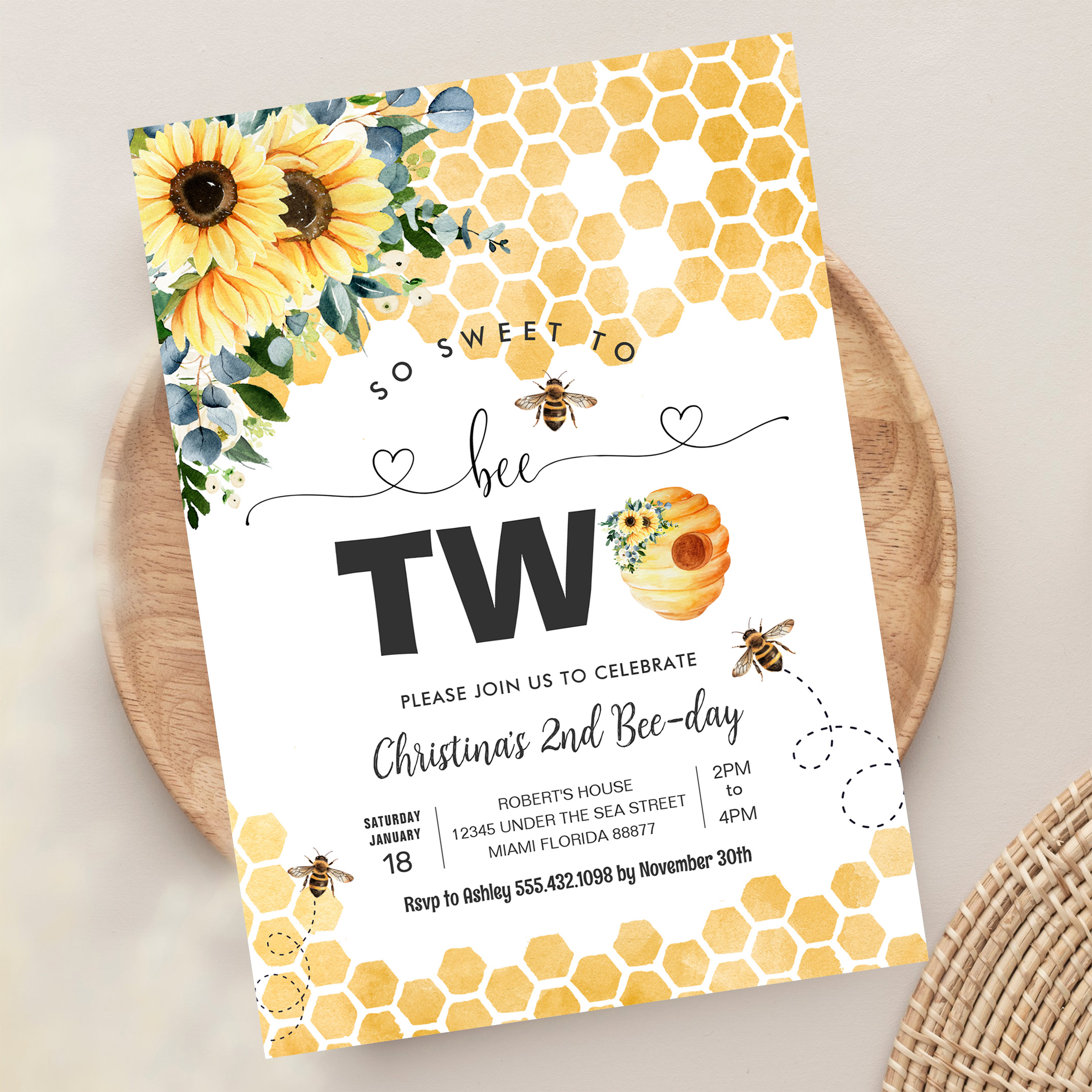 So Sweet To Bee Two Bee Theme Party First Birthday Invitation - Image 13