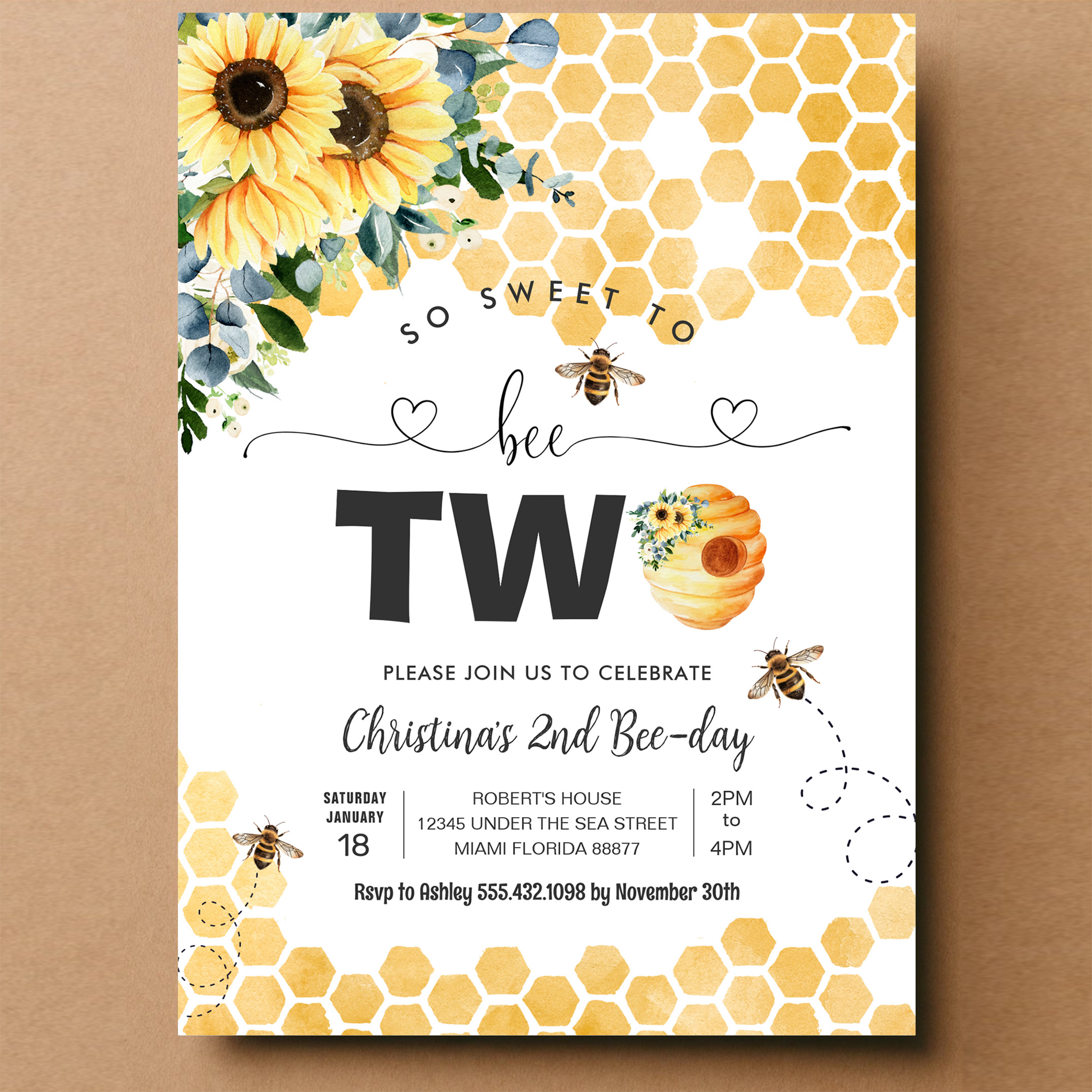 So Sweet To Bee Two Bee Theme Party First Birthday Invitation - Image 14