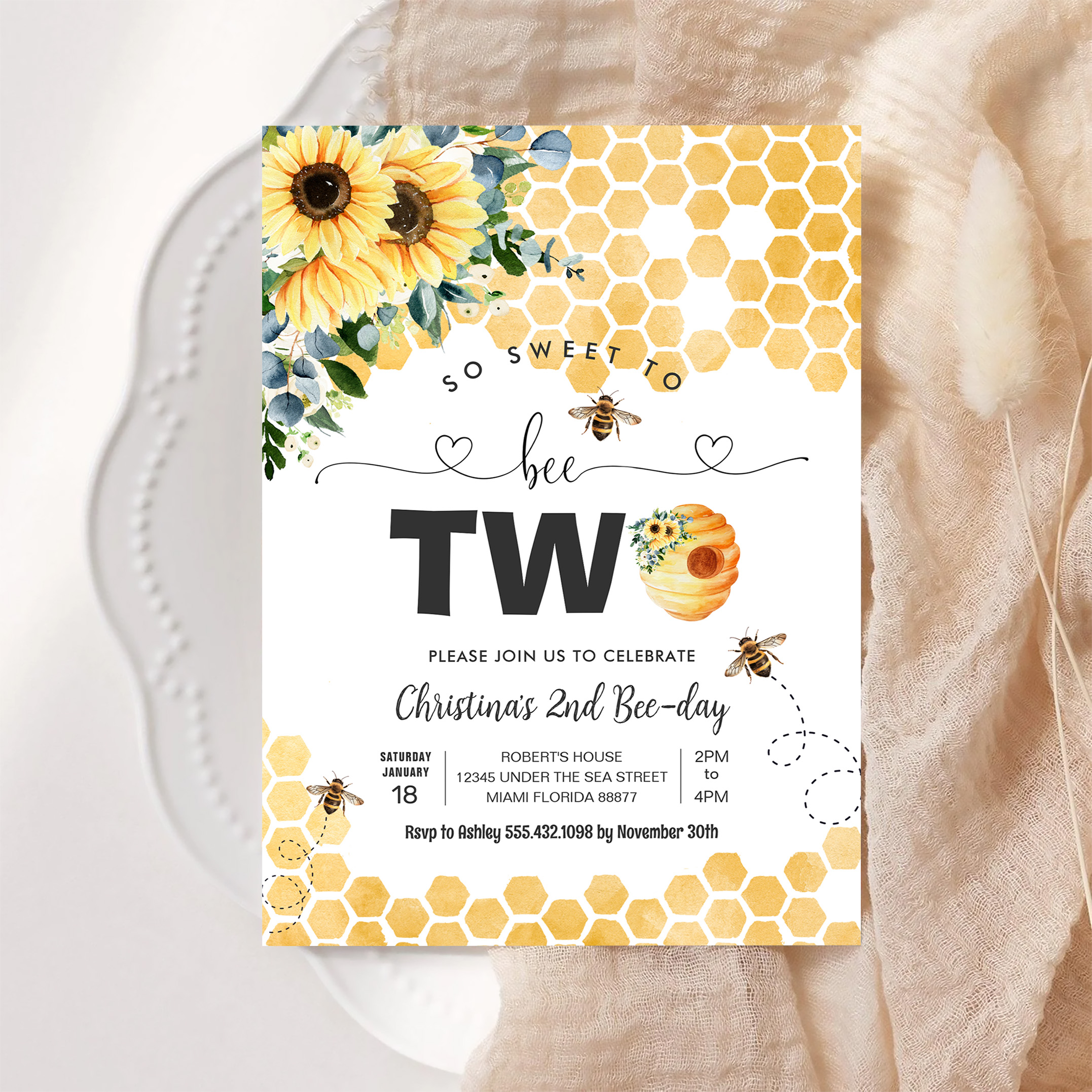 So Sweet To Bee Two Bee Theme Party First Birthday Invitation - Image 6