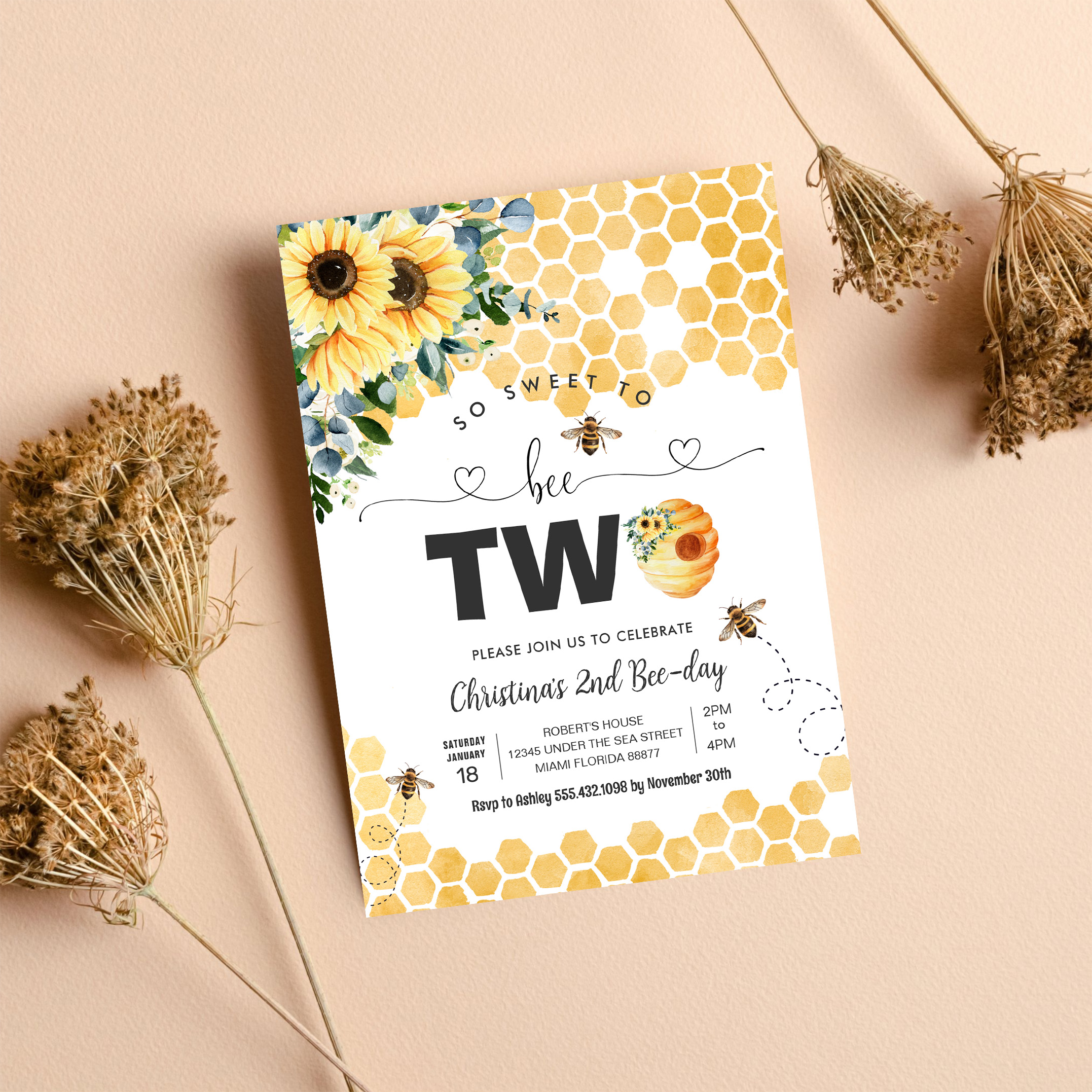 So Sweet To Bee Two Bee Theme Party First Birthday Invitation - Image 8