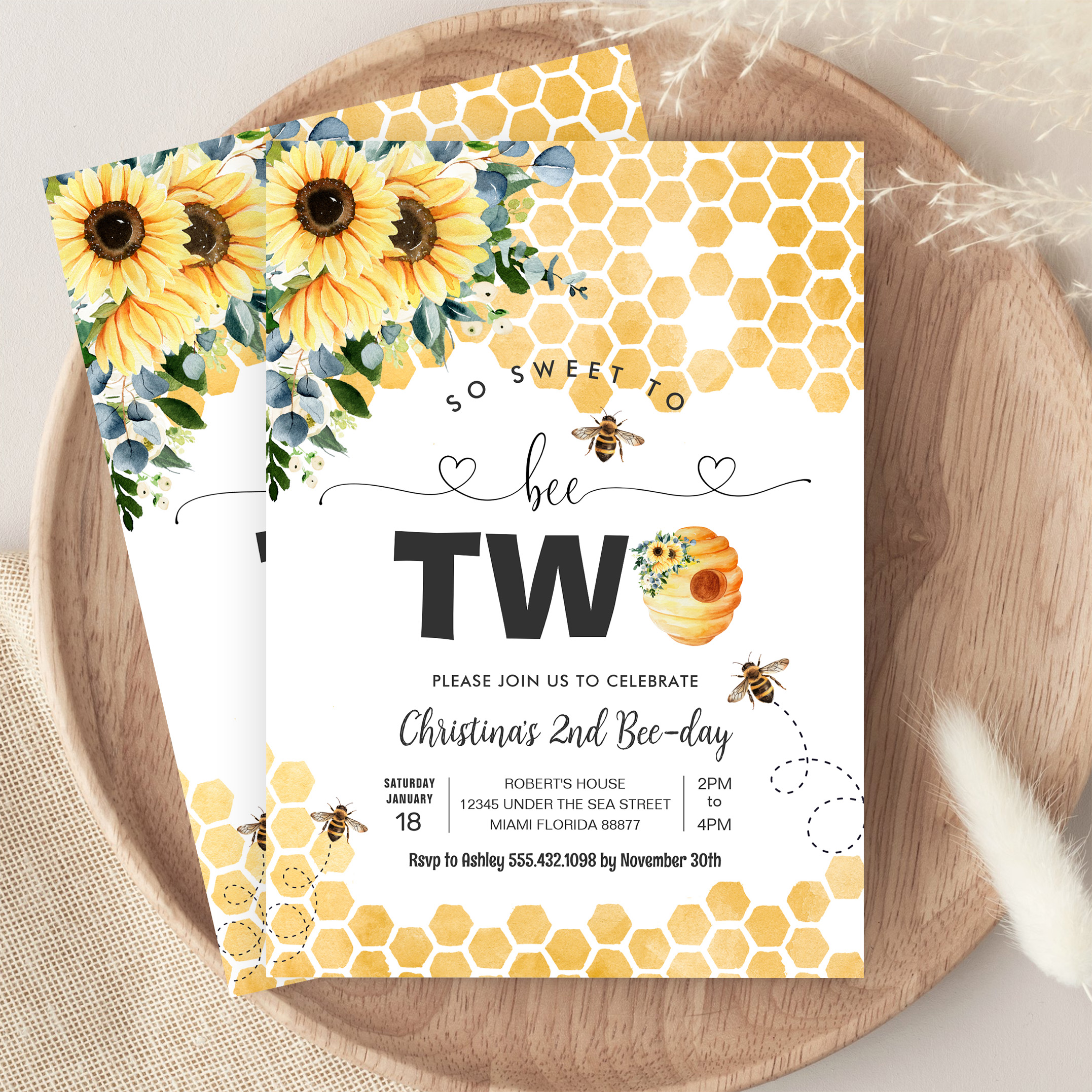 So Sweet To Bee Two Bee Theme Party First Birthday Invitation - Image 9