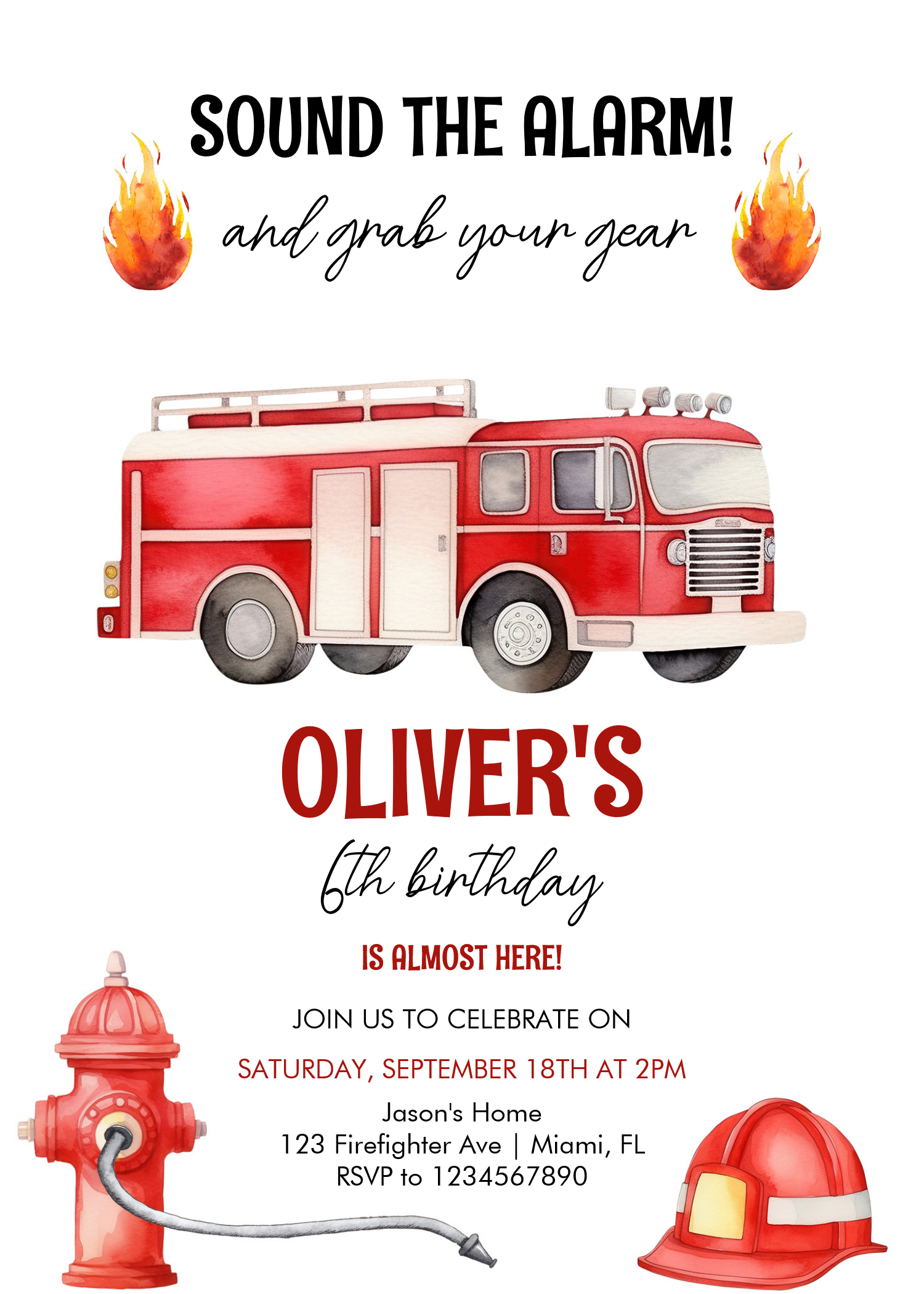 Sound The Alarm Boys Firetruck Birthday Invitation