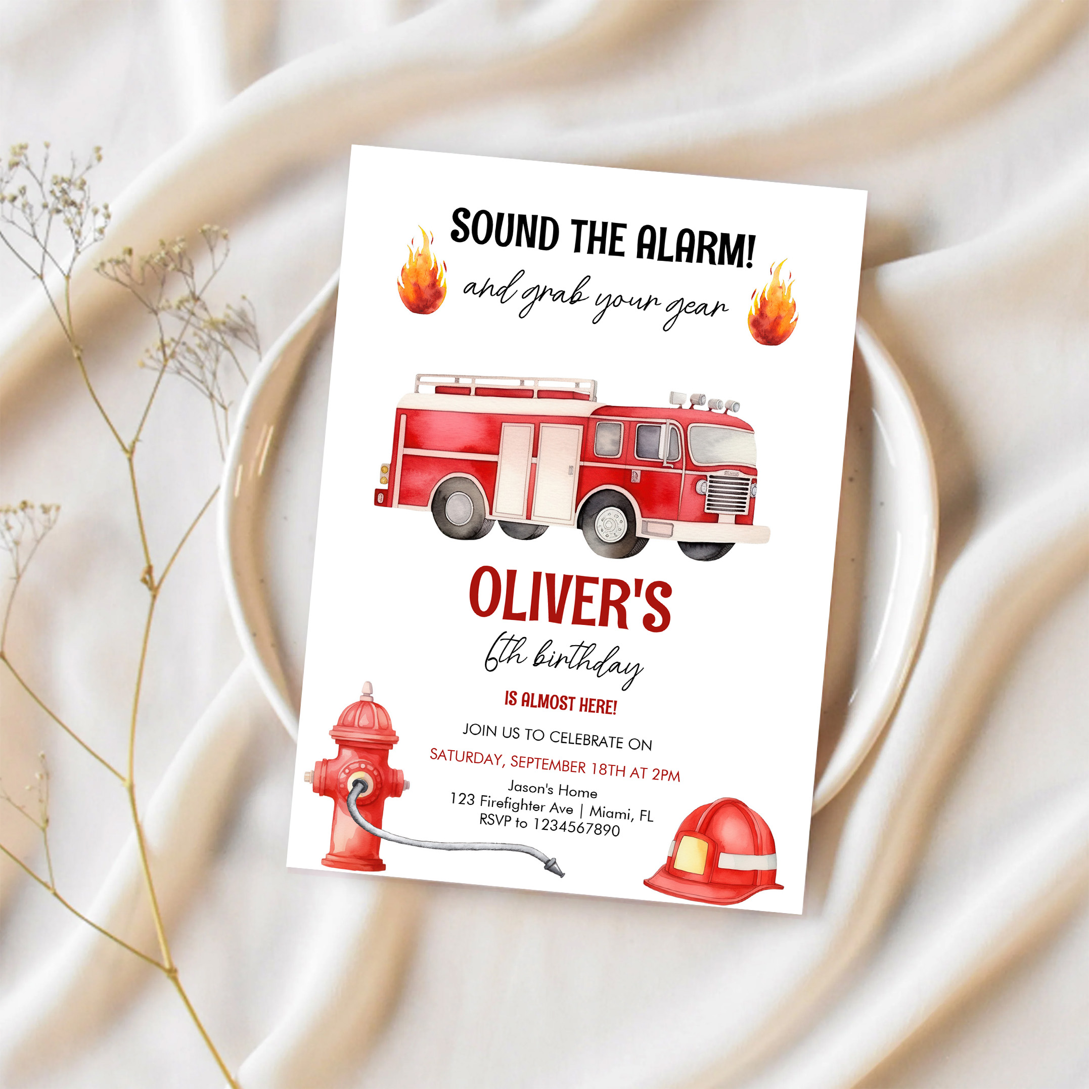 Sound The Alarm Boys Firetruck Birthday Invitation - Image 2