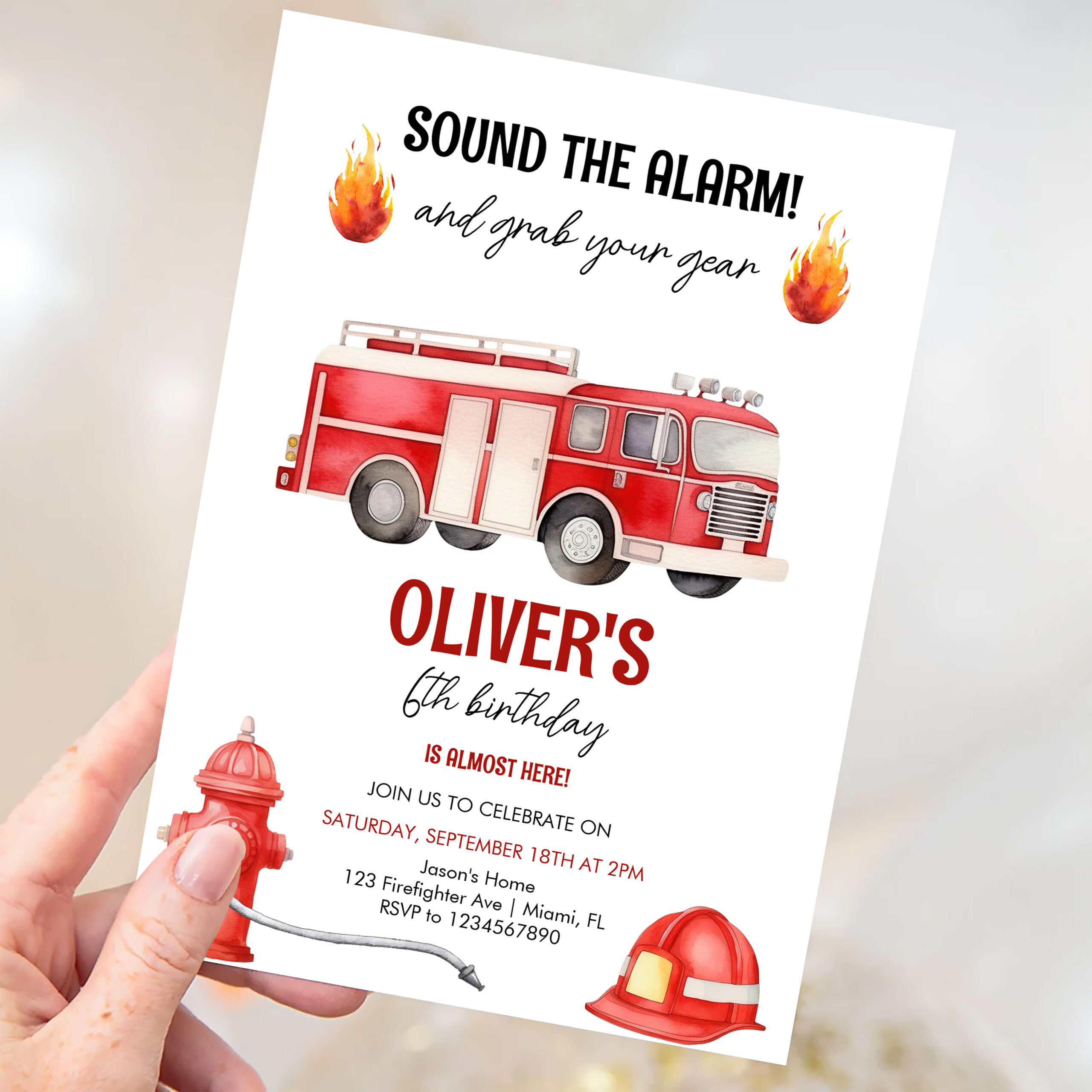 Sound The Alarm Boys Firetruck Birthday Invitation - Image 3
