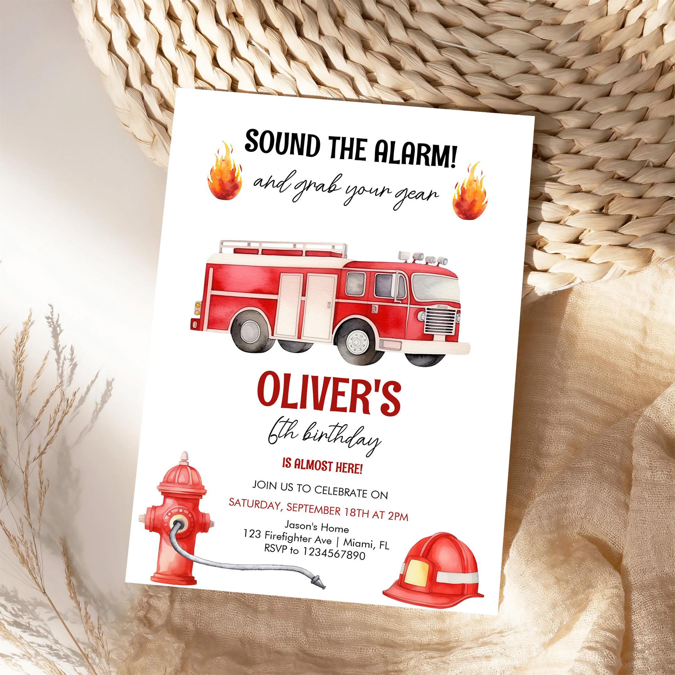Sound The Alarm Boys Firetruck Birthday Invitation - Image 4