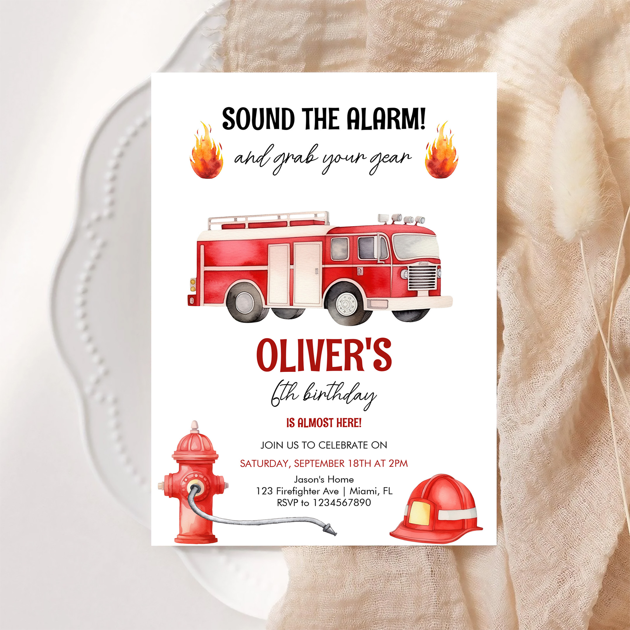 Sound The Alarm Boys Firetruck Birthday Invitation - Image 6
