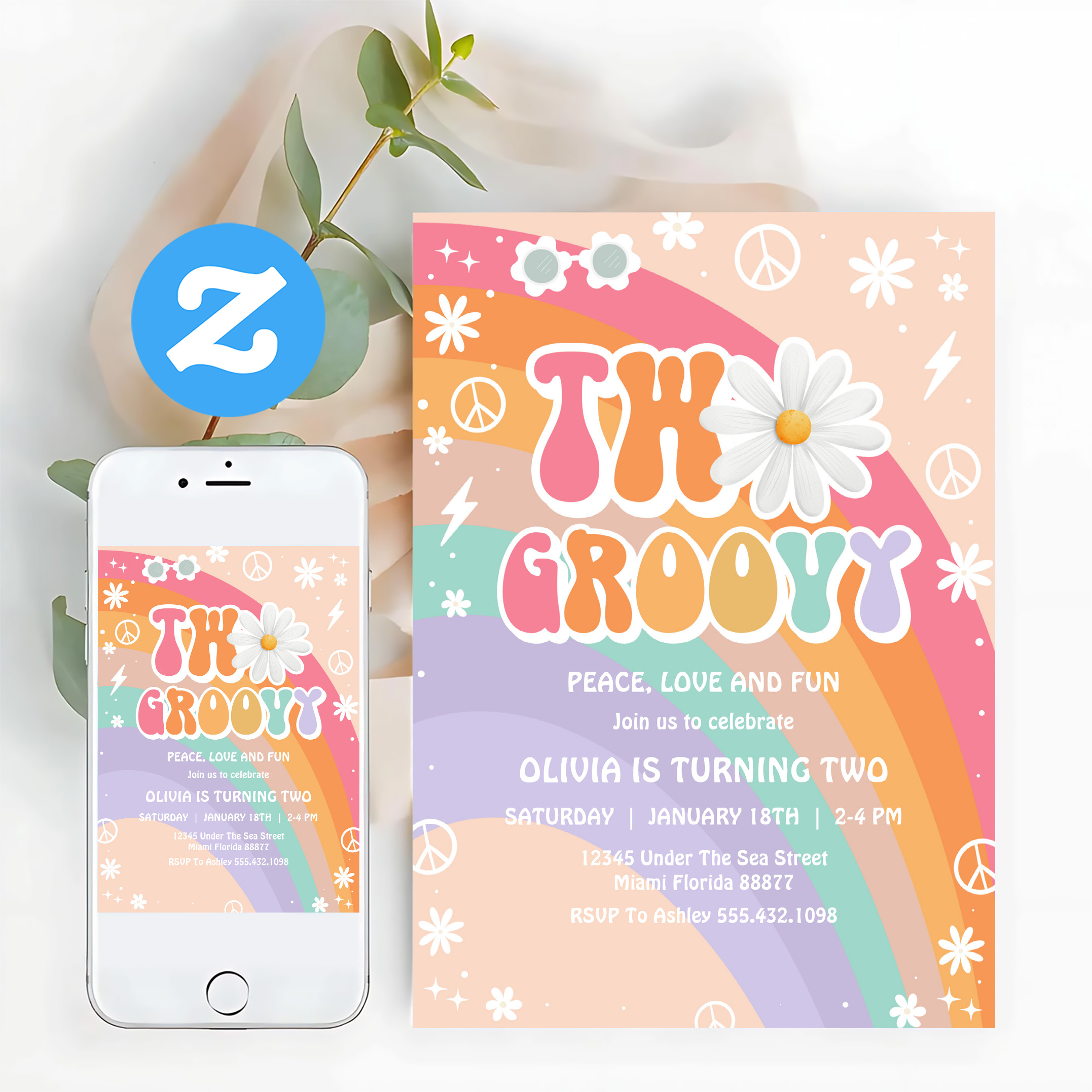 Two Groovy Hippie Pink Daisy Rainbow 2nd Birthday Invitation - Image 12