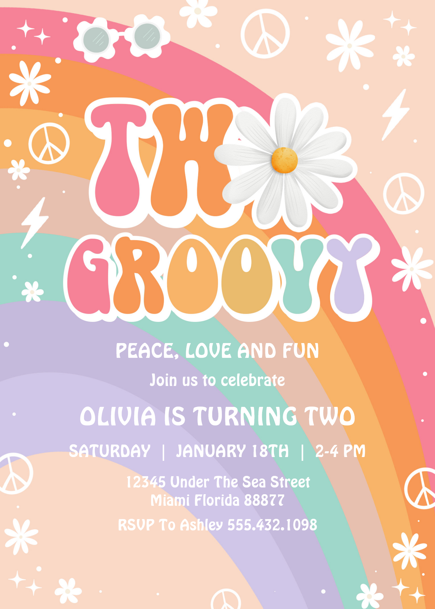 Two Groovy Hippie Pink Daisy Rainbow 2nd Birthday Invitation