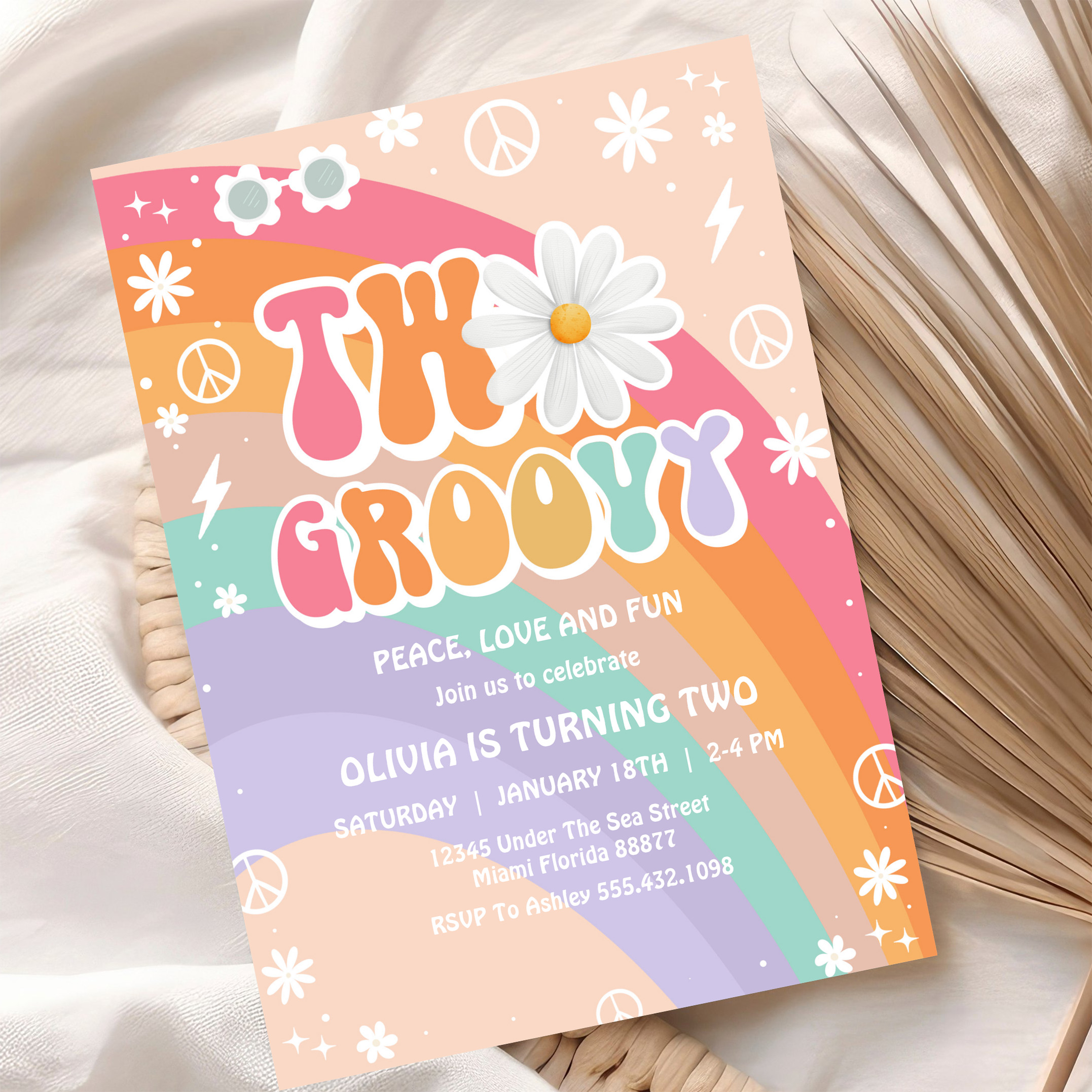 Two Groovy Hippie Pink Daisy Rainbow 2nd Birthday Invitation - Image 10