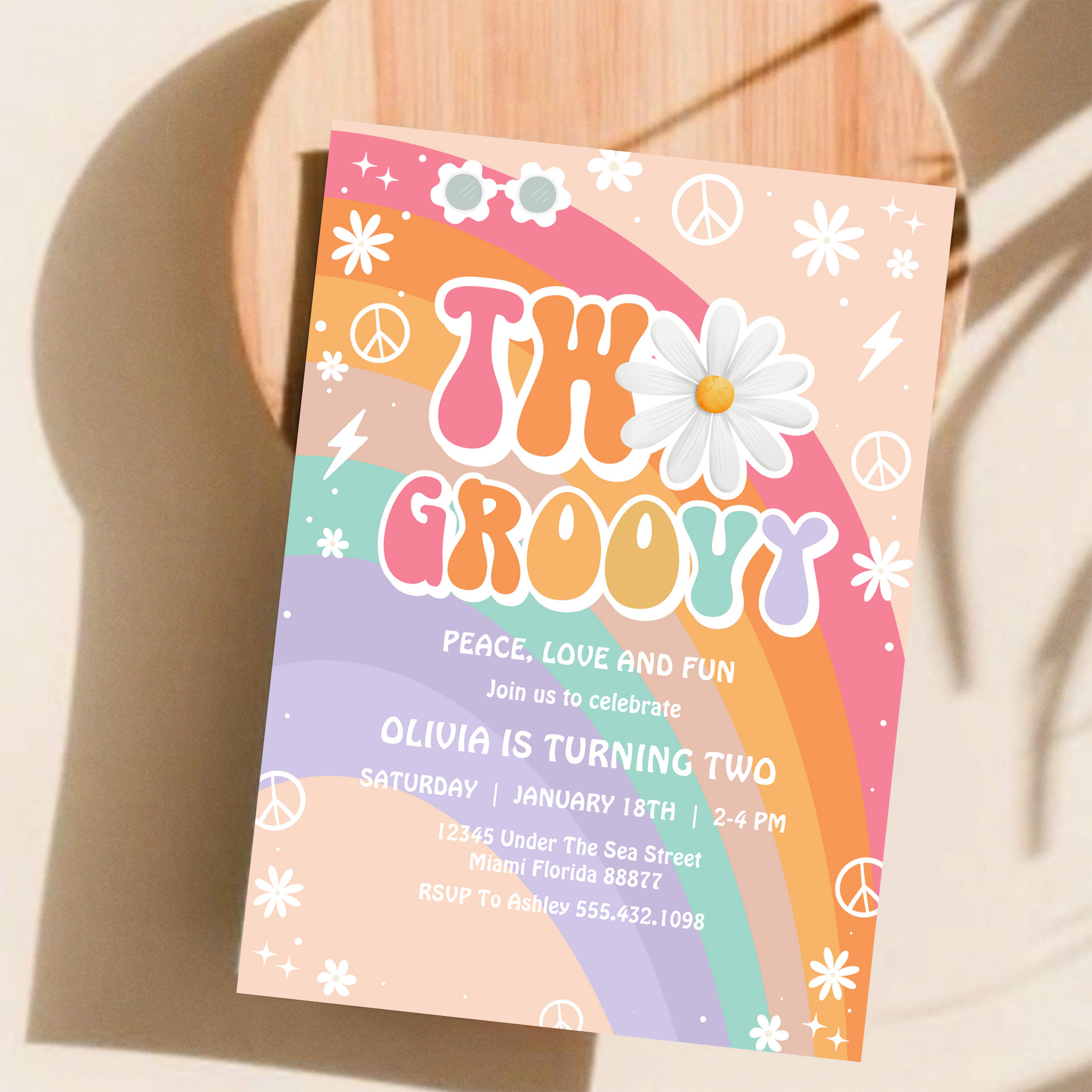 Two Groovy Hippie Pink Daisy Rainbow 2nd Birthday Invitation - Image 11
