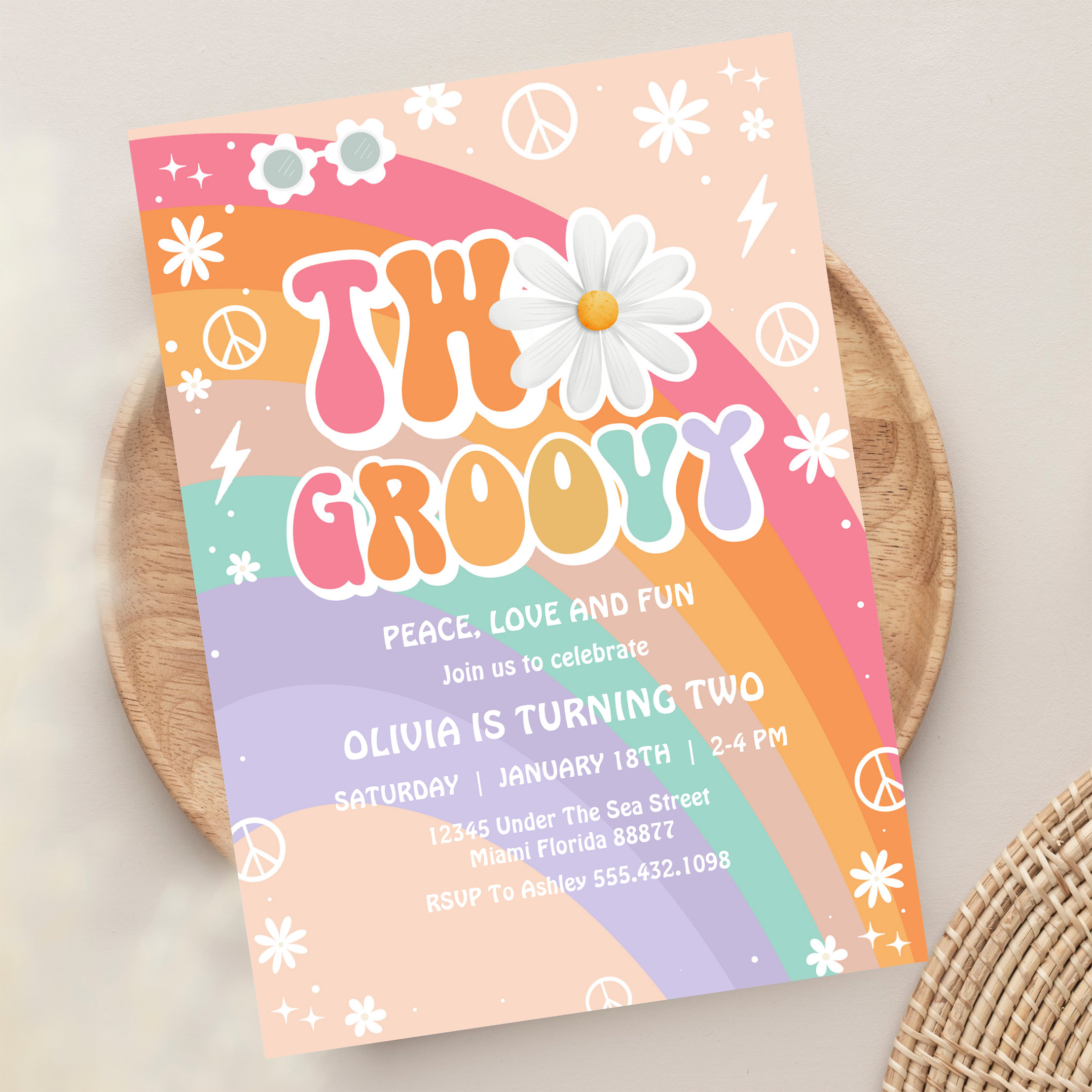 Two Groovy Hippie Pink Daisy Rainbow 2nd Birthday Invitation - Image 13