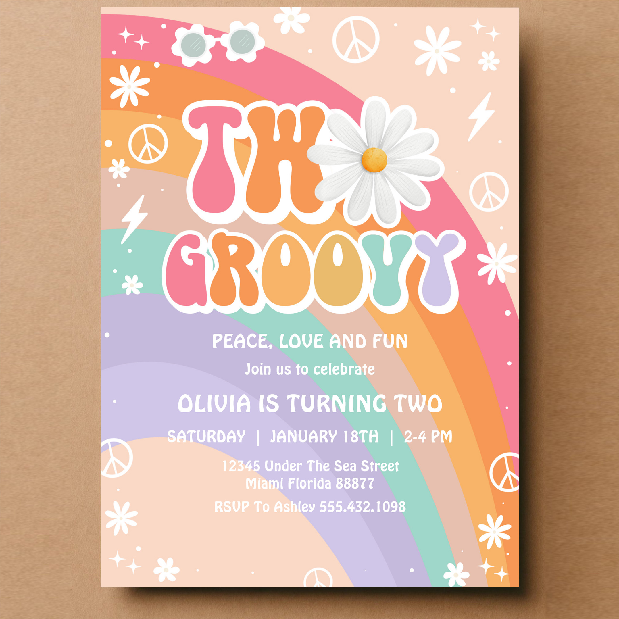 Two Groovy Hippie Pink Daisy Rainbow 2nd Birthday Invitation - Image 14