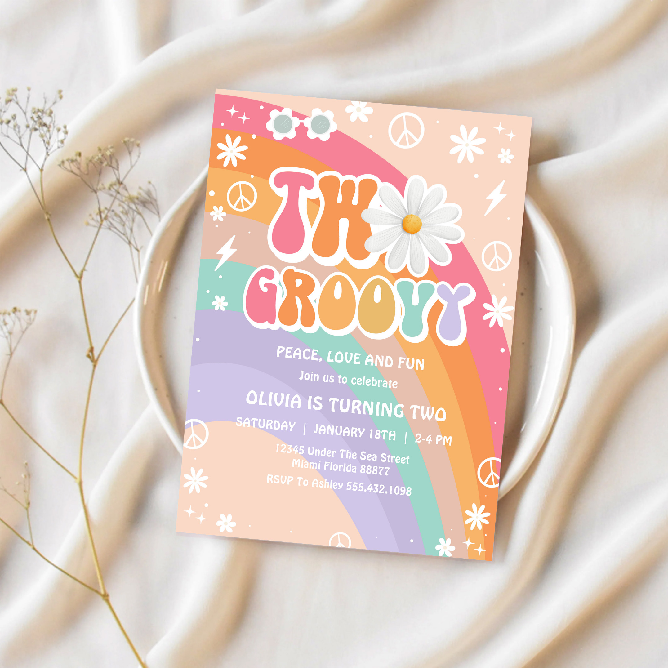 Two Groovy Hippie Pink Daisy Rainbow 2nd Birthday Invitation - Image 2