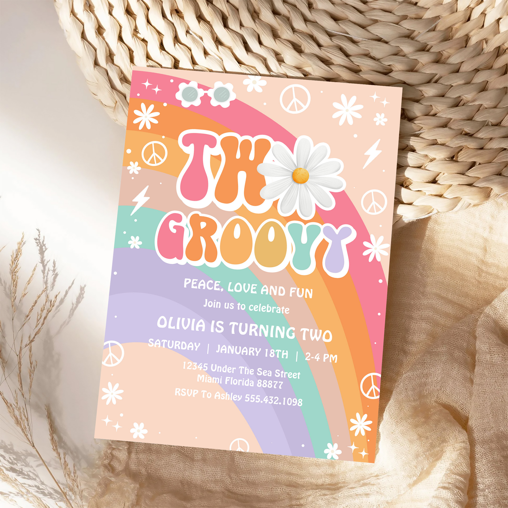Two Groovy Hippie Pink Daisy Rainbow 2nd Birthday Invitation - Image 4