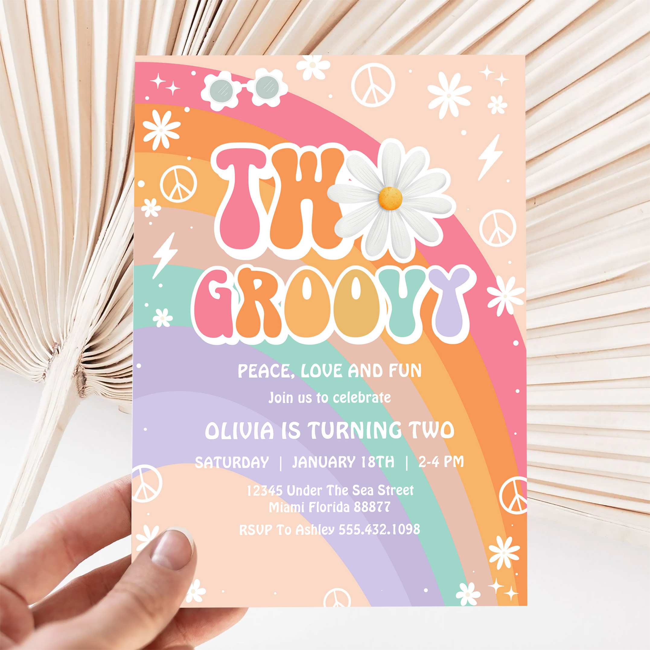 Two Groovy Hippie Pink Daisy Rainbow 2nd Birthday Invitation - Image 5