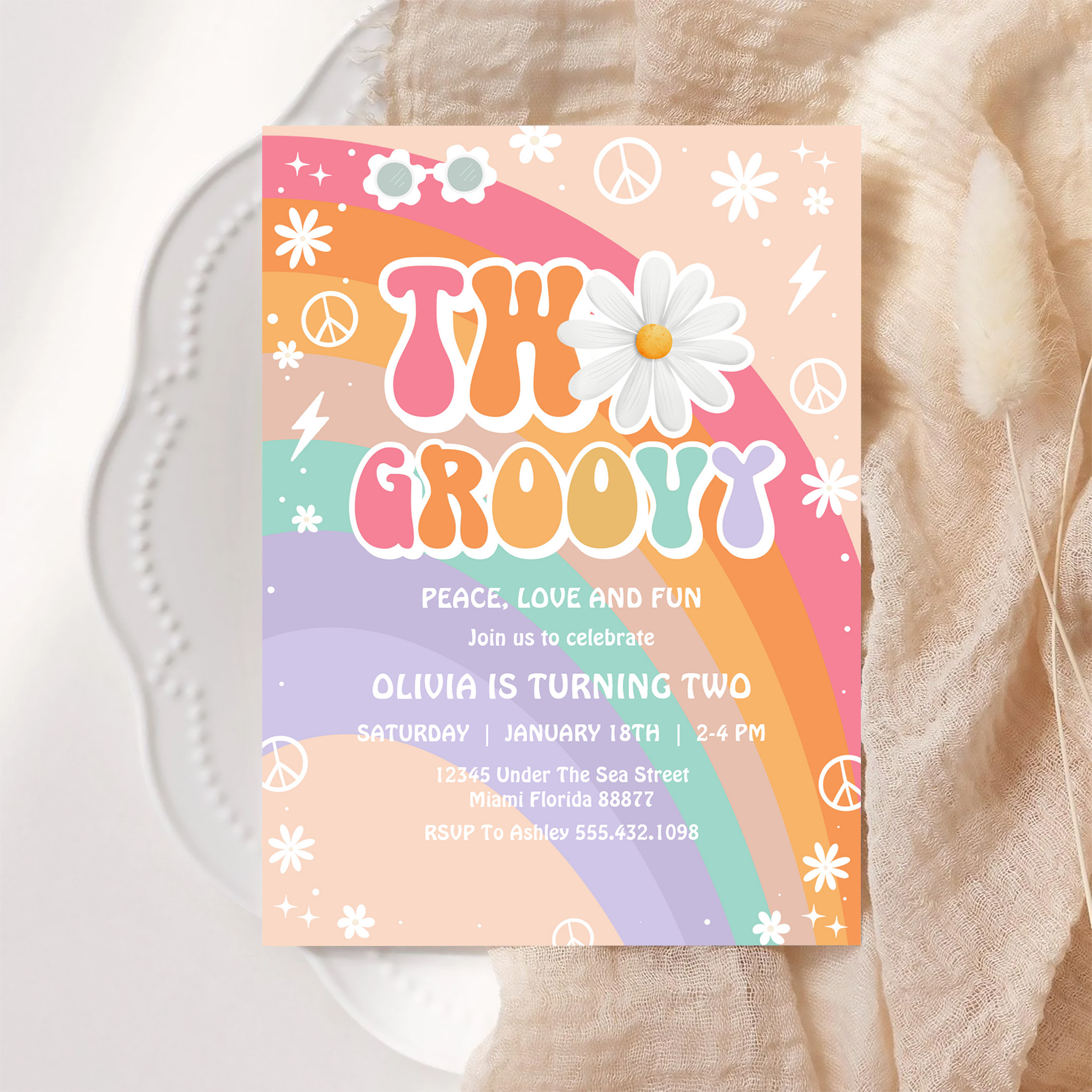 Two Groovy Hippie Pink Daisy Rainbow 2nd Birthday Invitation - Image 6