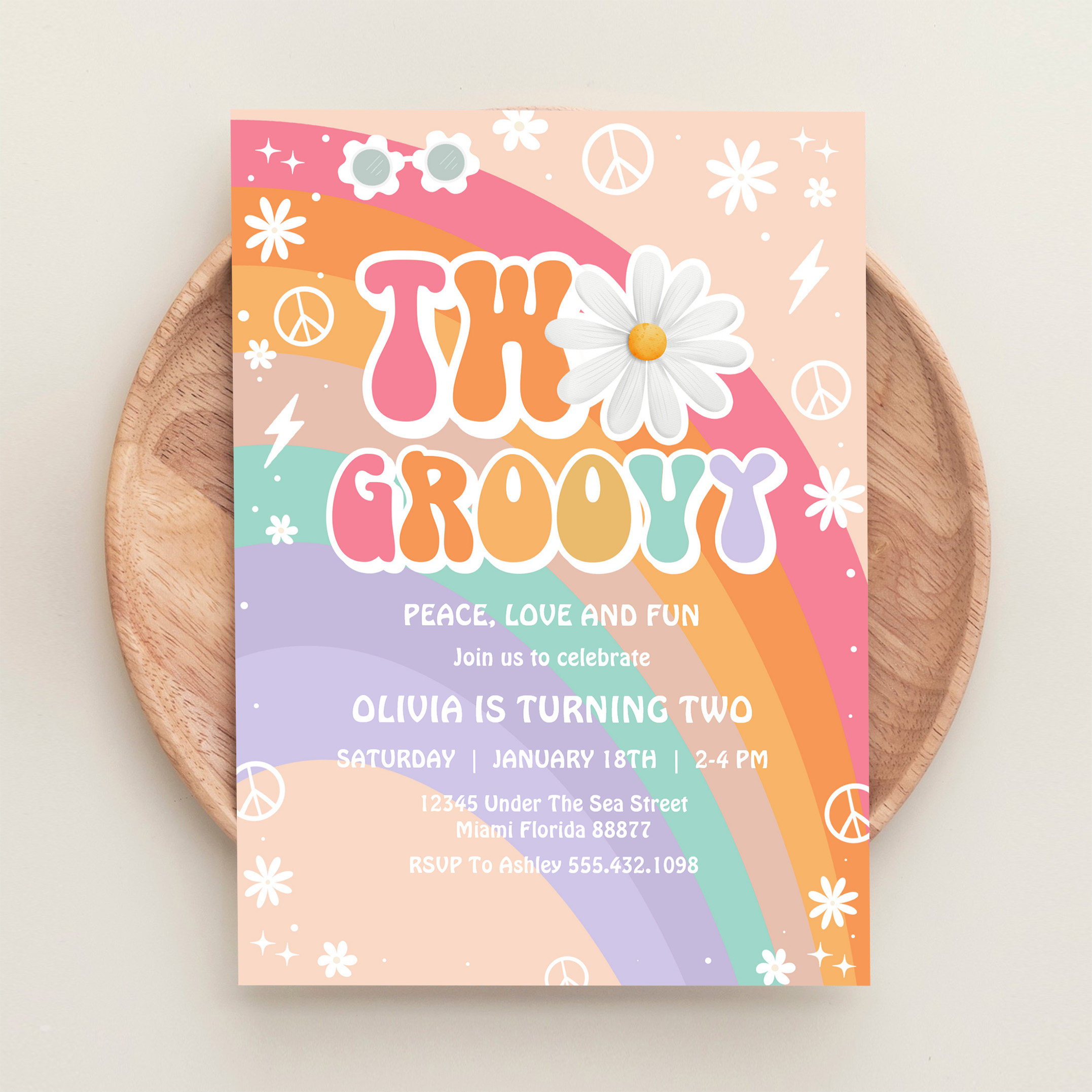 Two Groovy Hippie Pink Daisy Rainbow 2nd Birthday Invitation - Image 7