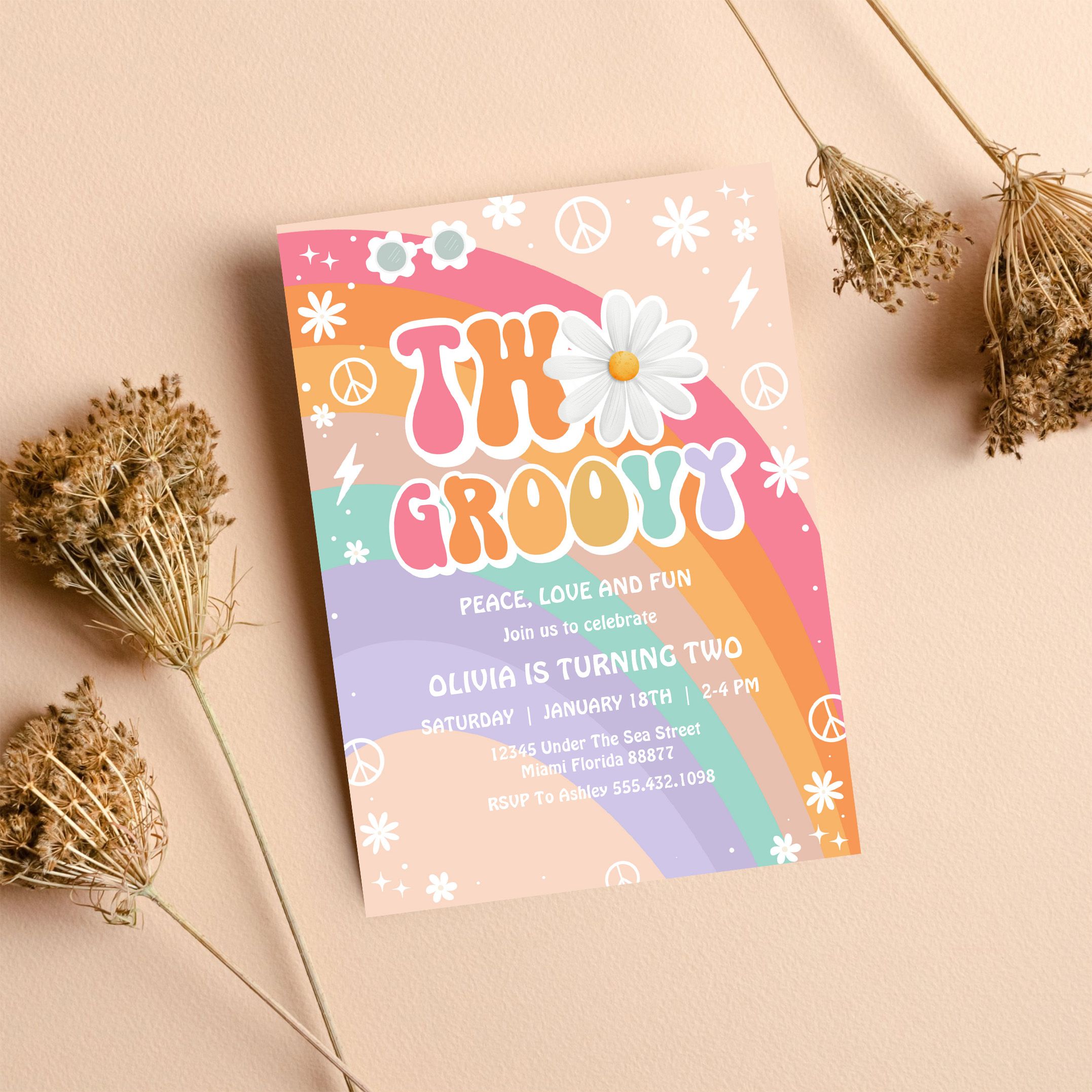 Two Groovy Hippie Pink Daisy Rainbow 2nd Birthday Invitation - Image 8