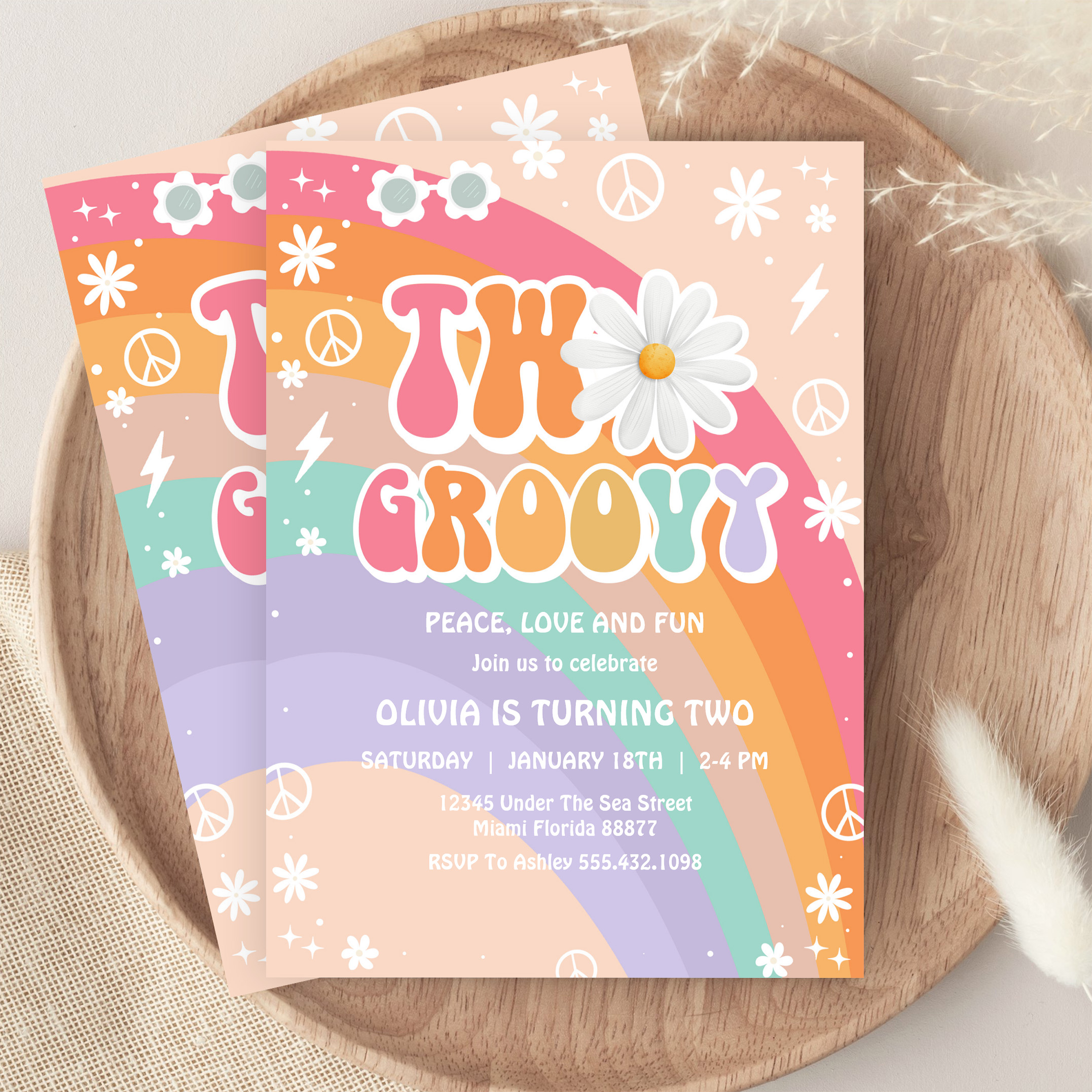 Two Groovy Hippie Pink Daisy Rainbow 2nd Birthday Invitation - Image 9