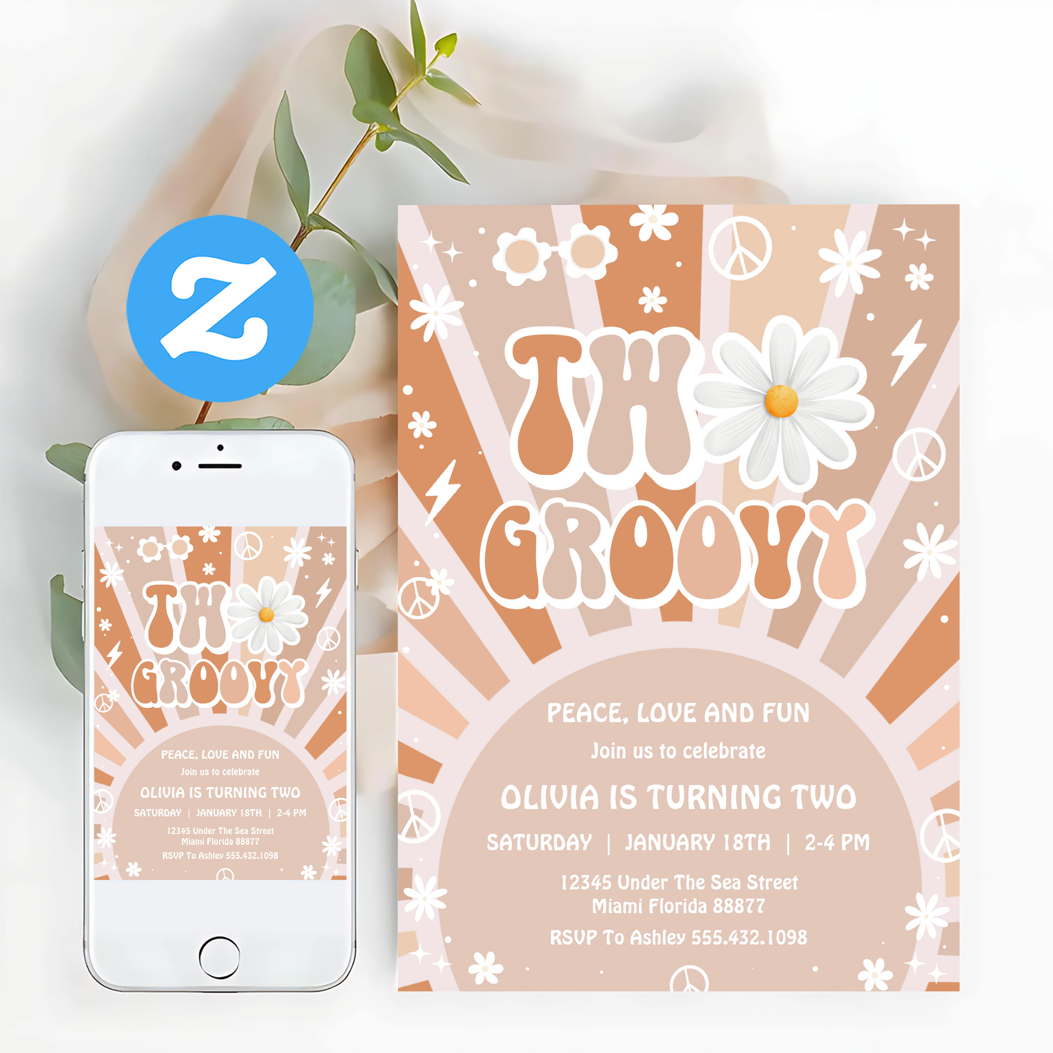 Two Groovy Hippie Pink Daisy Rainbow 2nd Birthday Invitation - Image 12