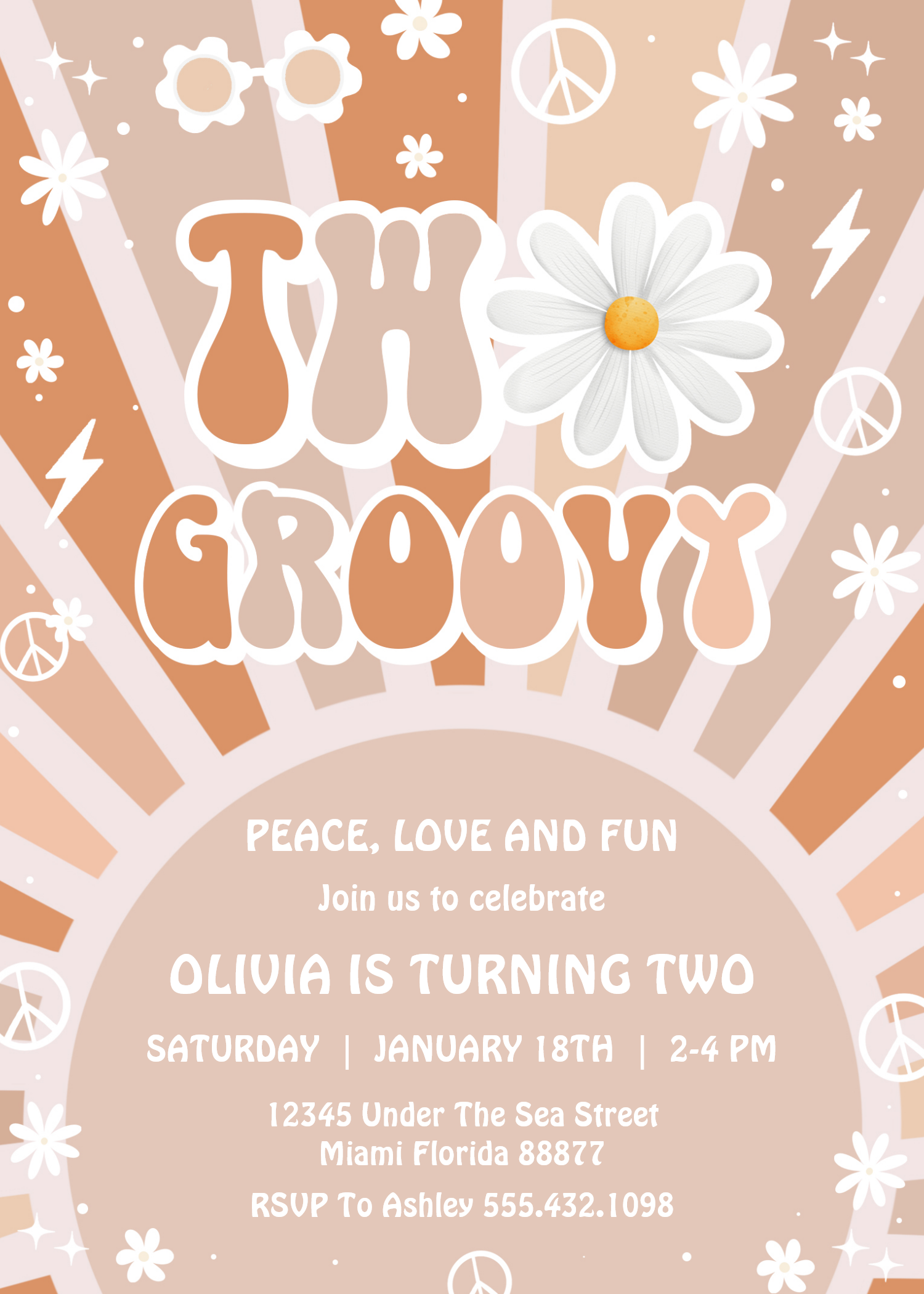 Two Groovy Hippie Pink Daisy Rainbow 2nd Birthday Invitation