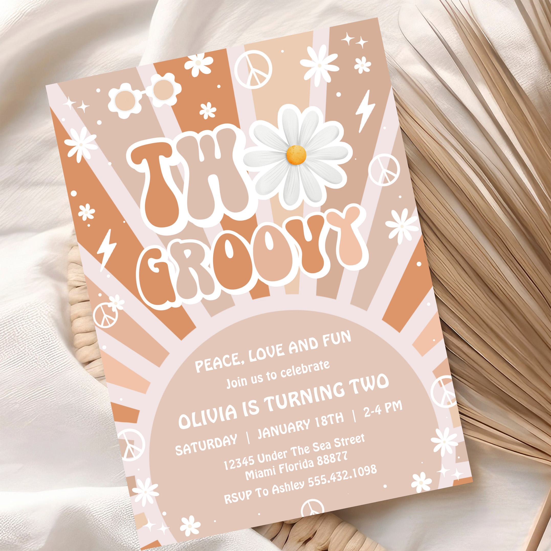 Two Groovy Hippie Pink Daisy Rainbow 2nd Birthday Invitation - Image 10