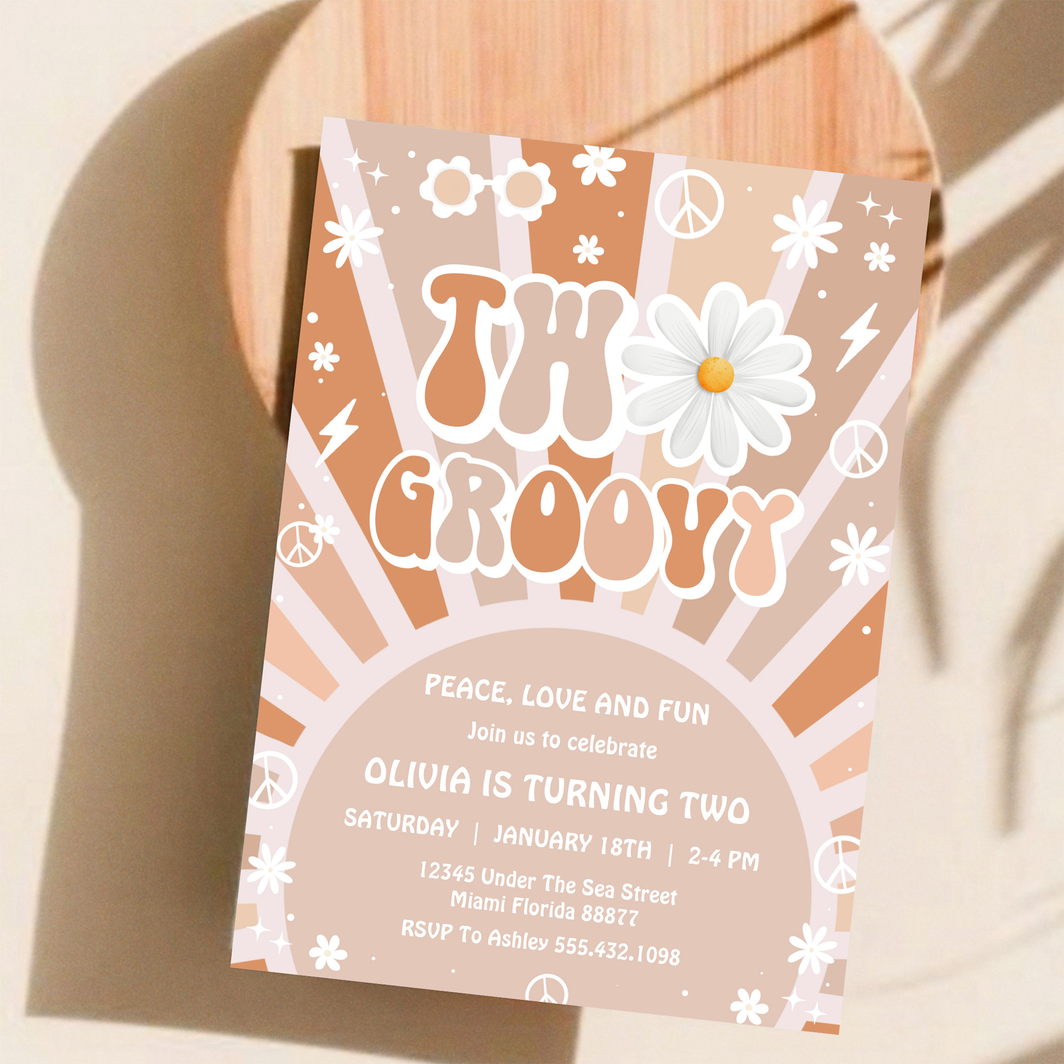 Two Groovy Hippie Pink Daisy Rainbow 2nd Birthday Invitation - Image 11