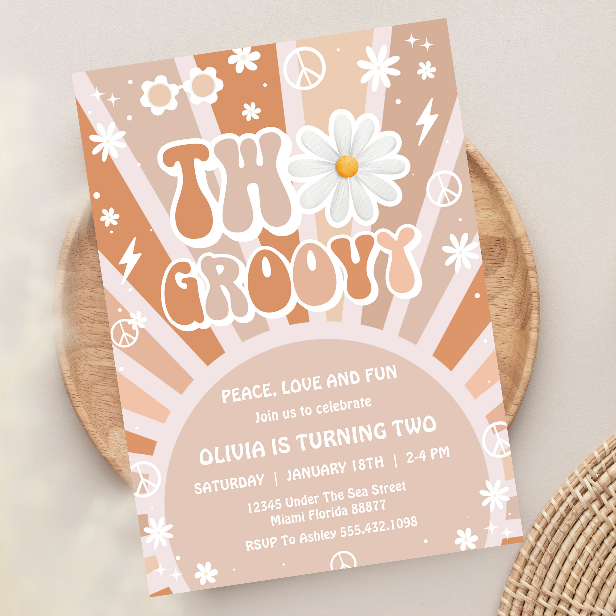 Two Groovy Hippie Pink Daisy Rainbow 2nd Birthday Invitation - Image 13