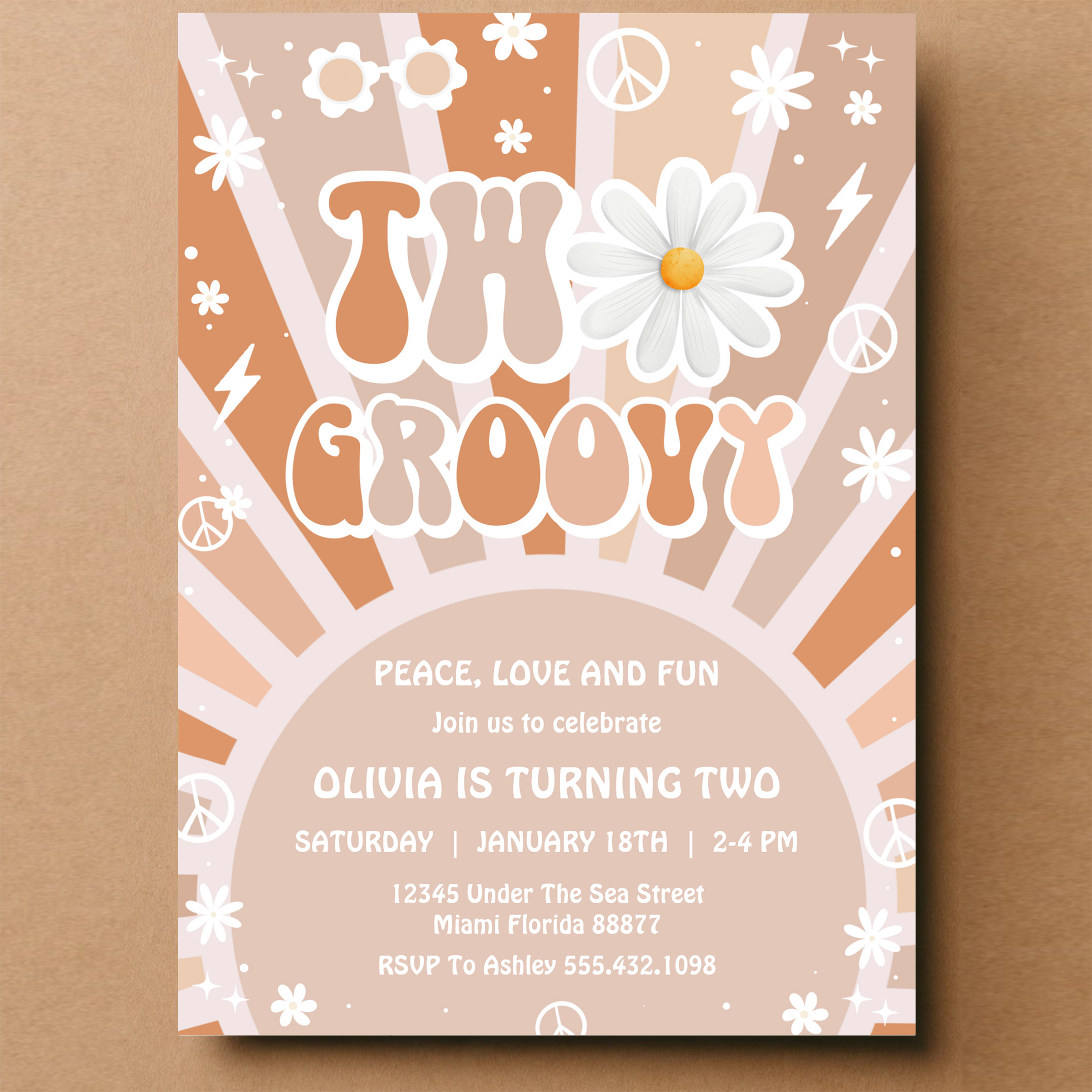 Two Groovy Hippie Pink Daisy Rainbow 2nd Birthday Invitation - Image 14