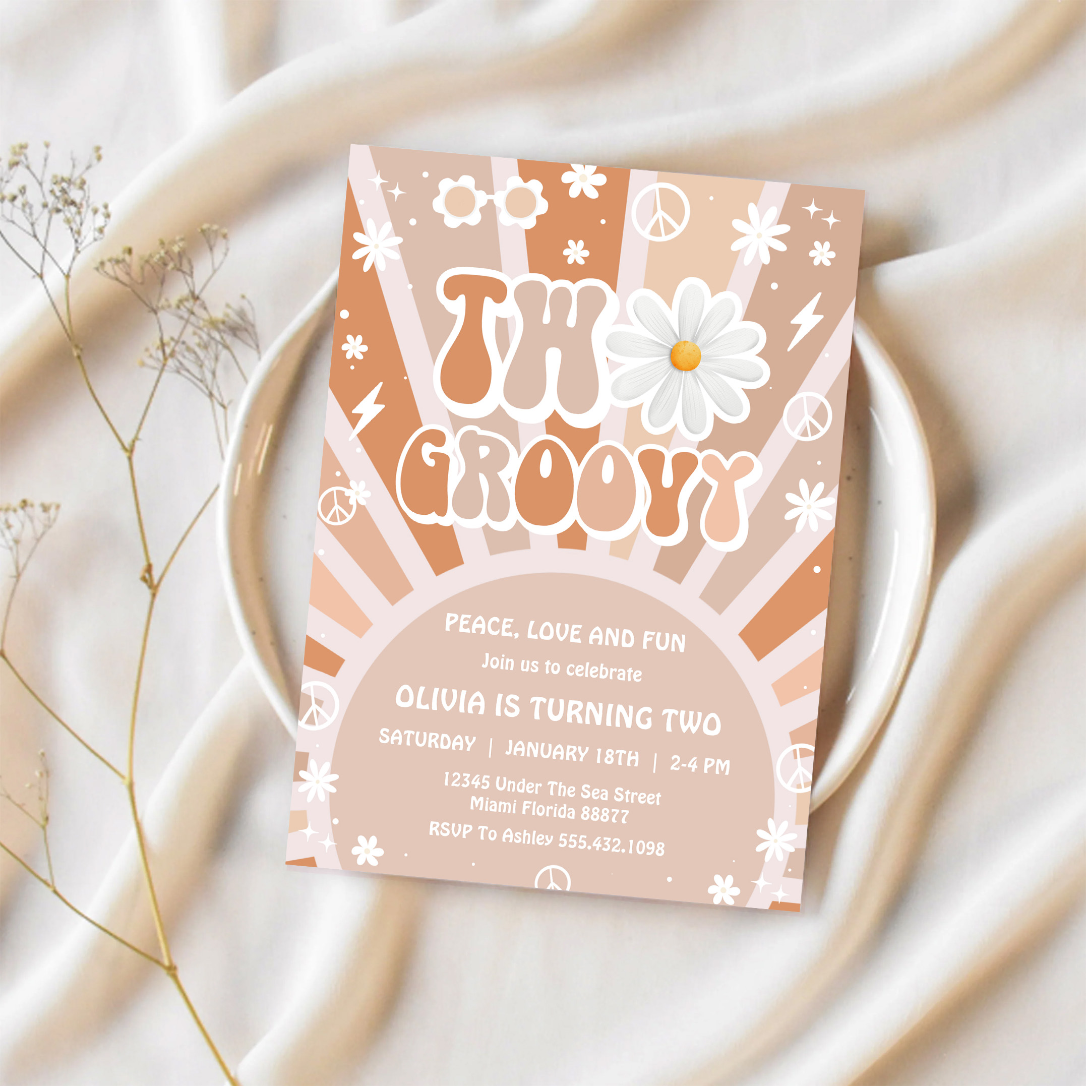 Two Groovy Hippie Pink Daisy Rainbow 2nd Birthday Invitation - Image 2