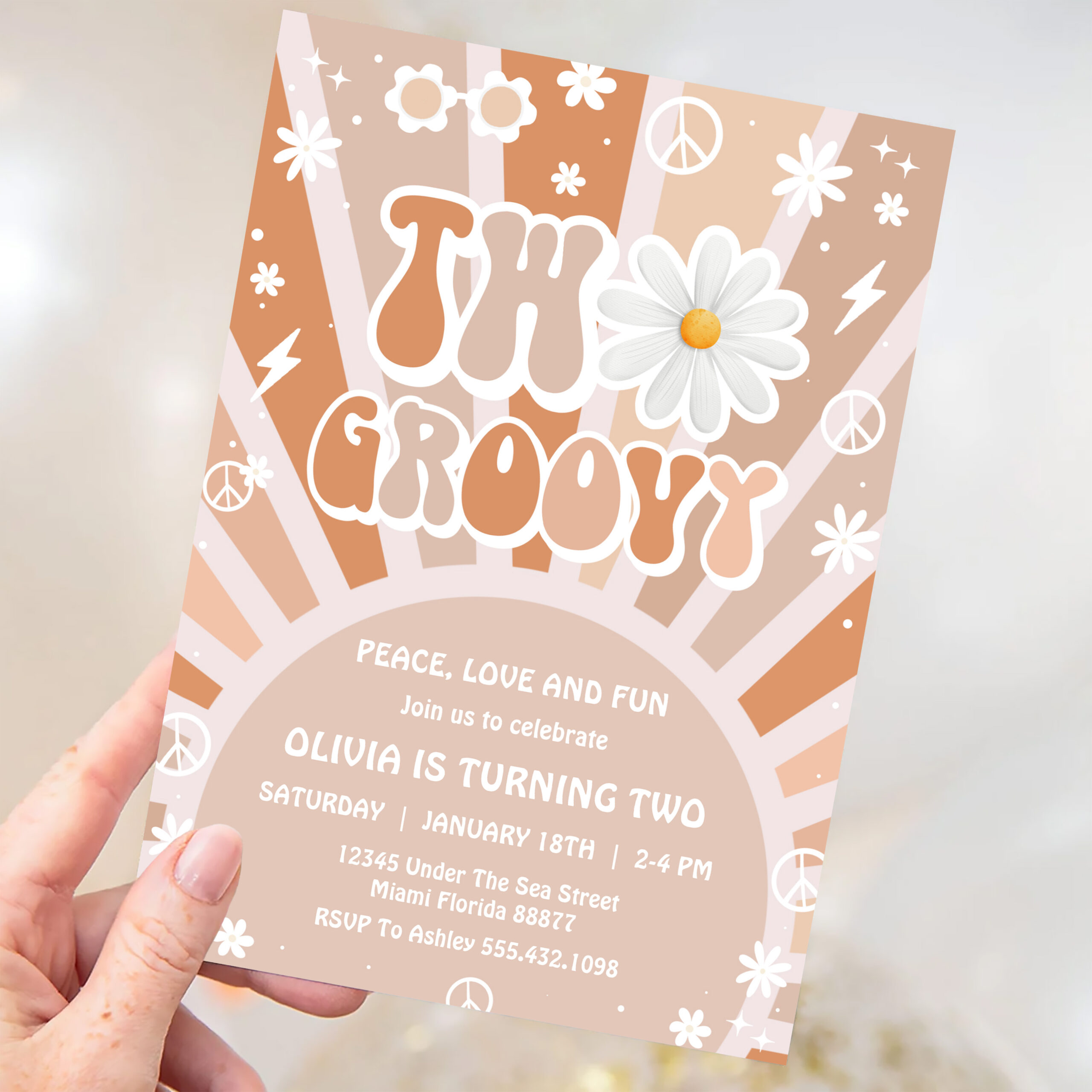 Two Groovy Hippie Pink Daisy Rainbow 2nd Birthday Invitation - Image 3