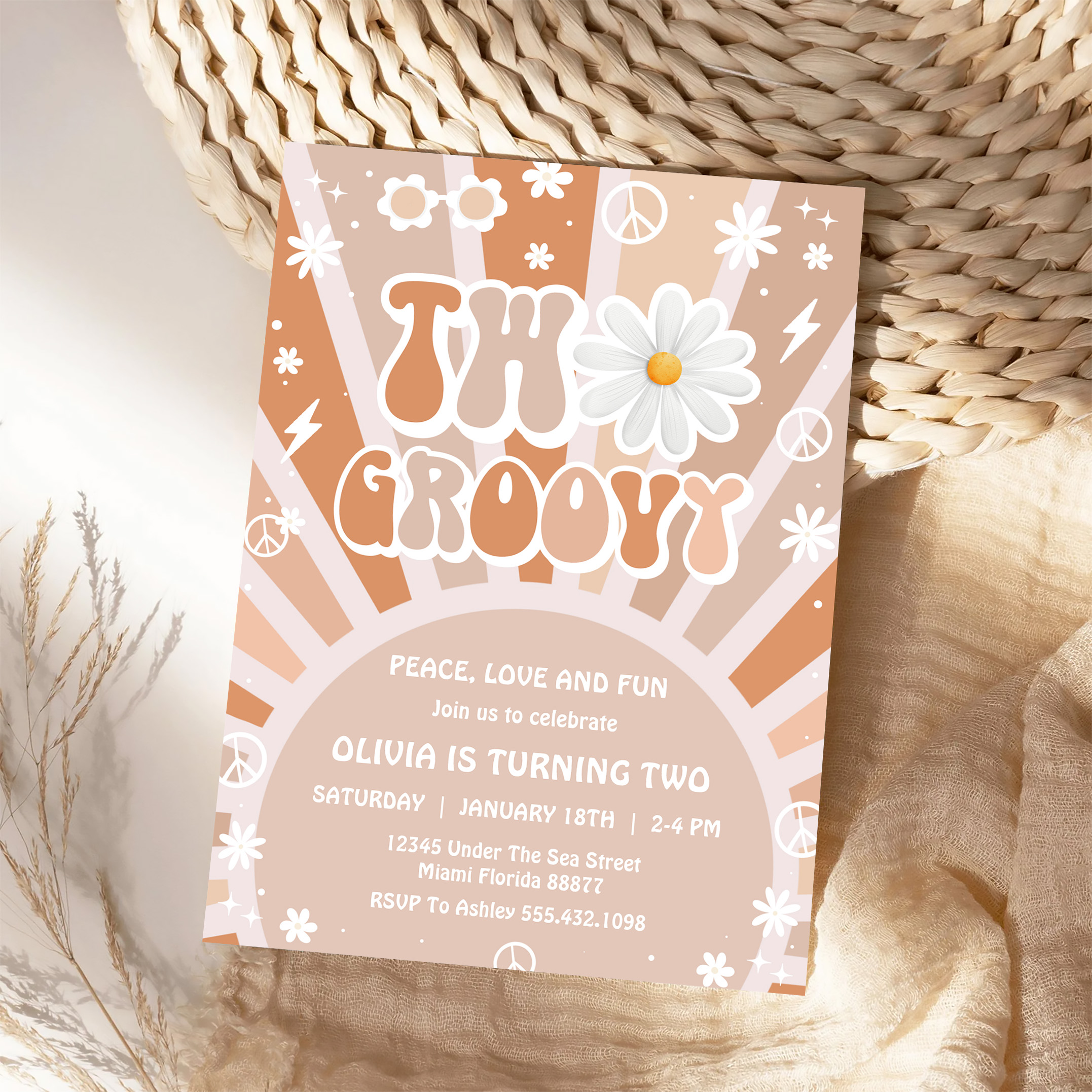 Two Groovy Hippie Pink Daisy Rainbow 2nd Birthday Invitation - Image 4