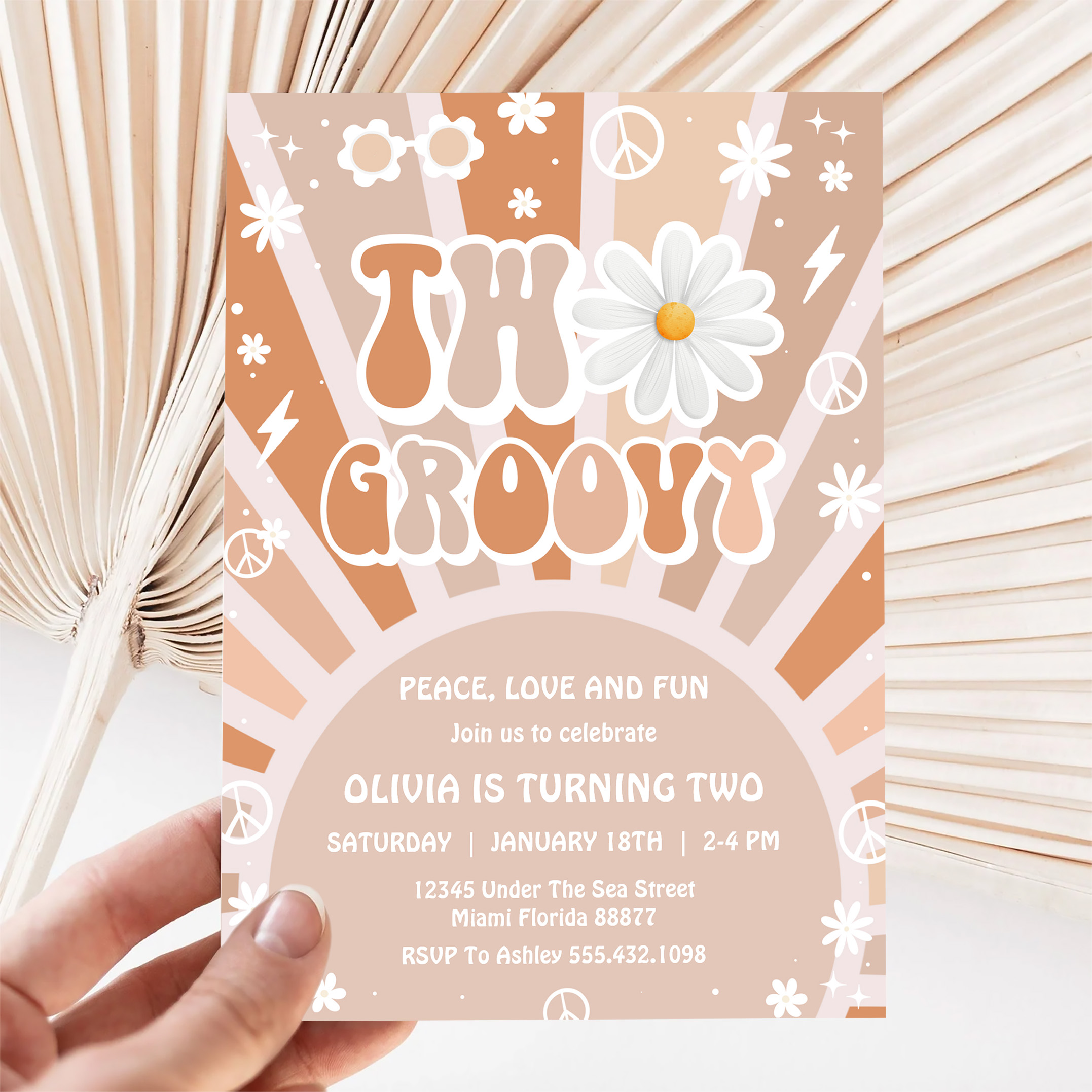 Two Groovy Hippie Pink Daisy Rainbow 2nd Birthday Invitation - Image 5
