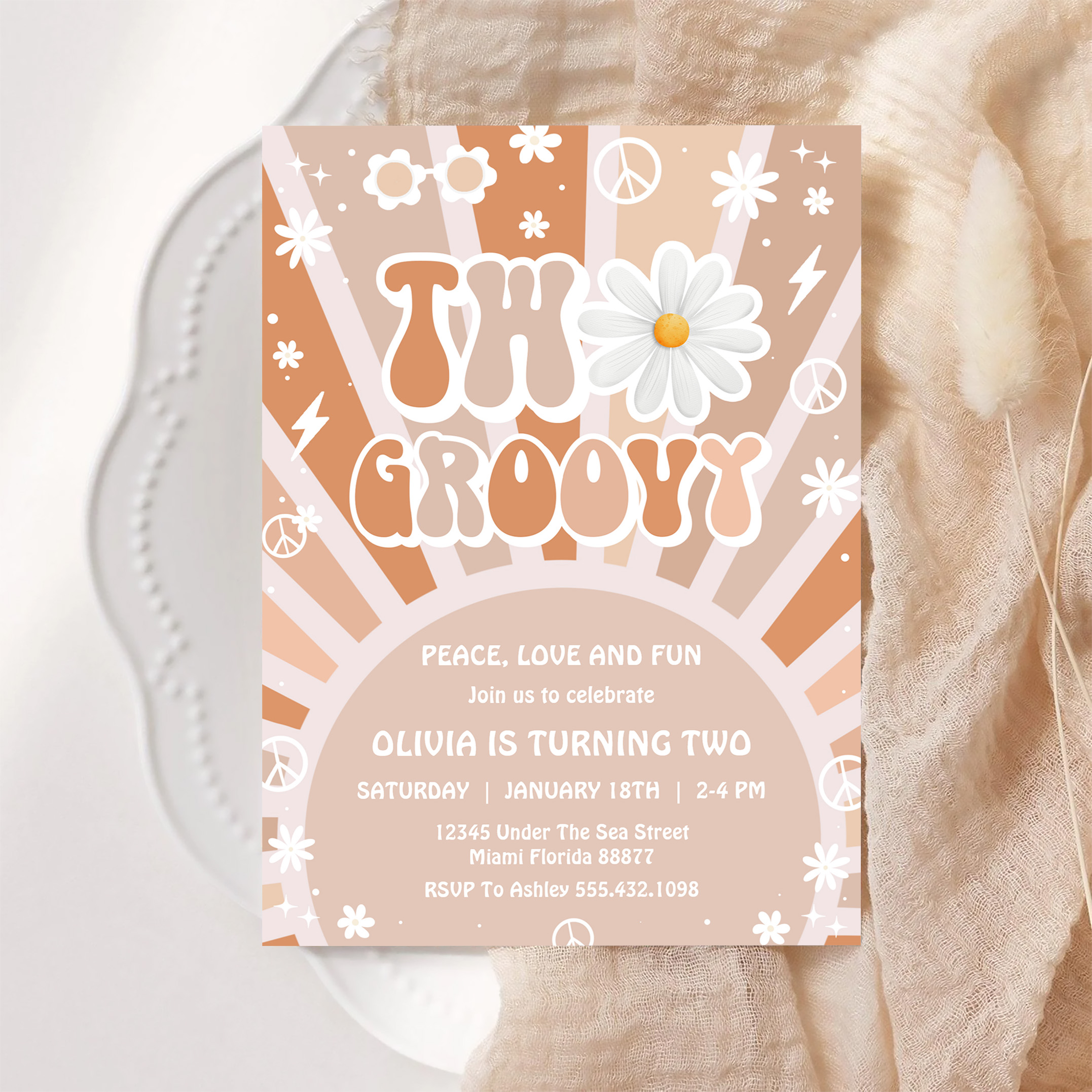 Two Groovy Hippie Pink Daisy Rainbow 2nd Birthday Invitation - Image 6