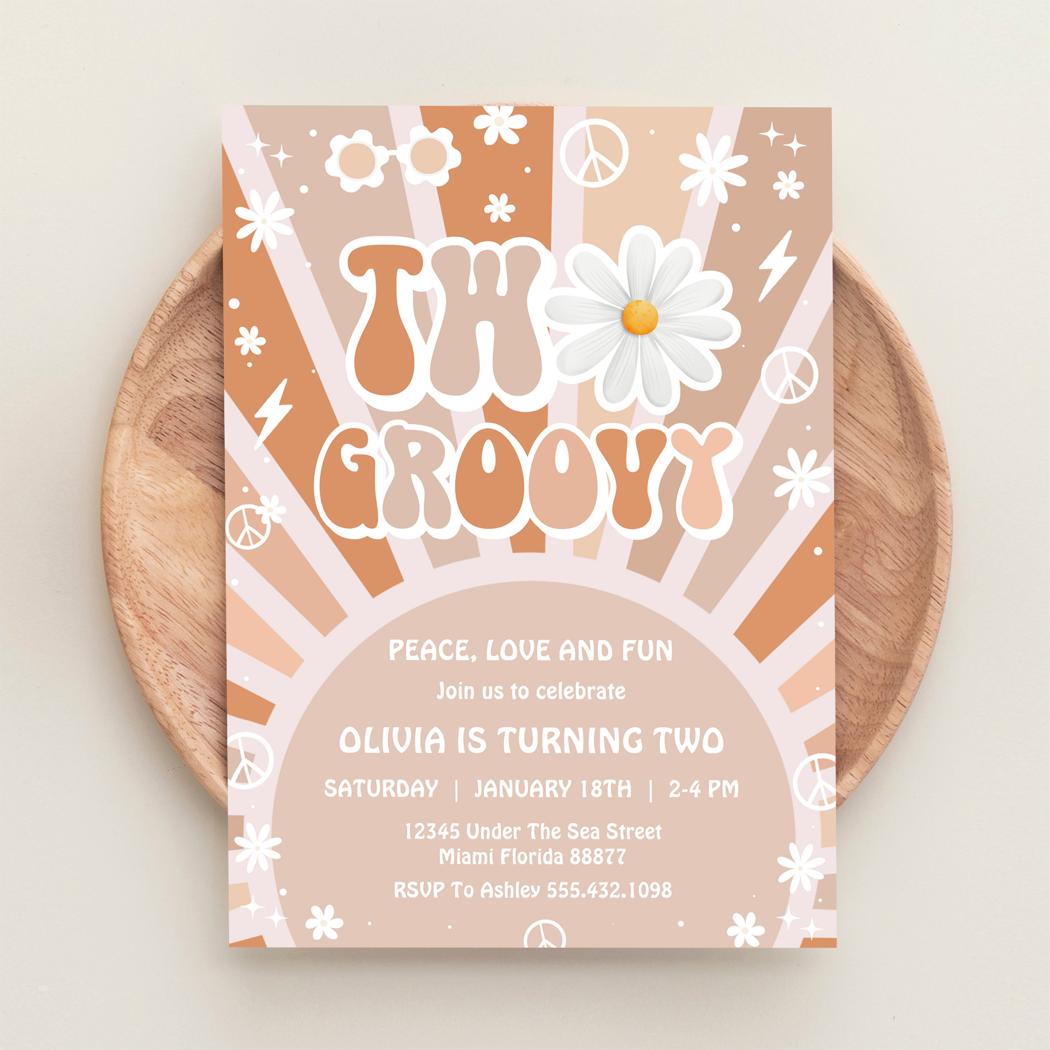 Two Groovy Hippie Pink Daisy Rainbow 2nd Birthday Invitation - Image 7