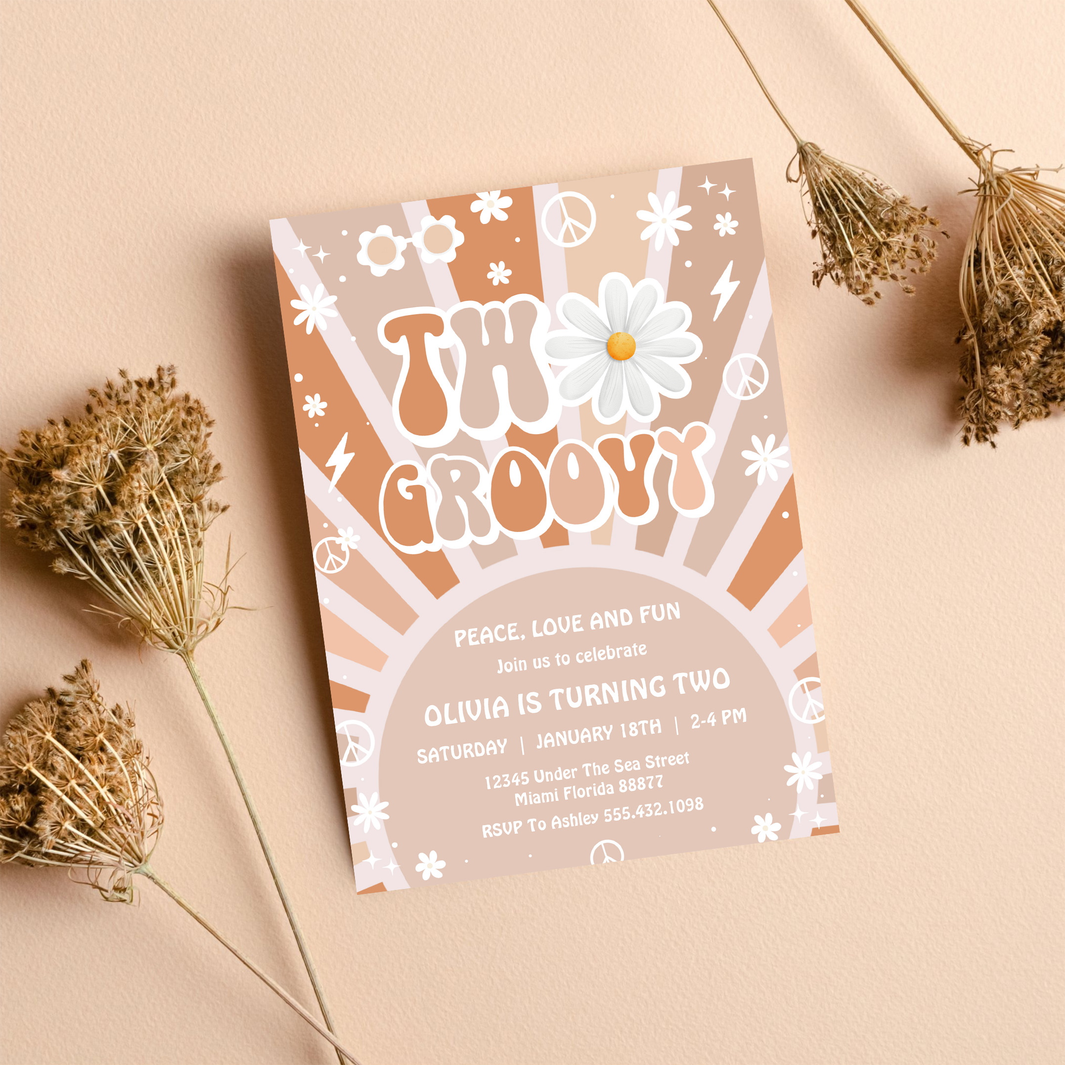 Two Groovy Hippie Pink Daisy Rainbow 2nd Birthday Invitation - Image 8