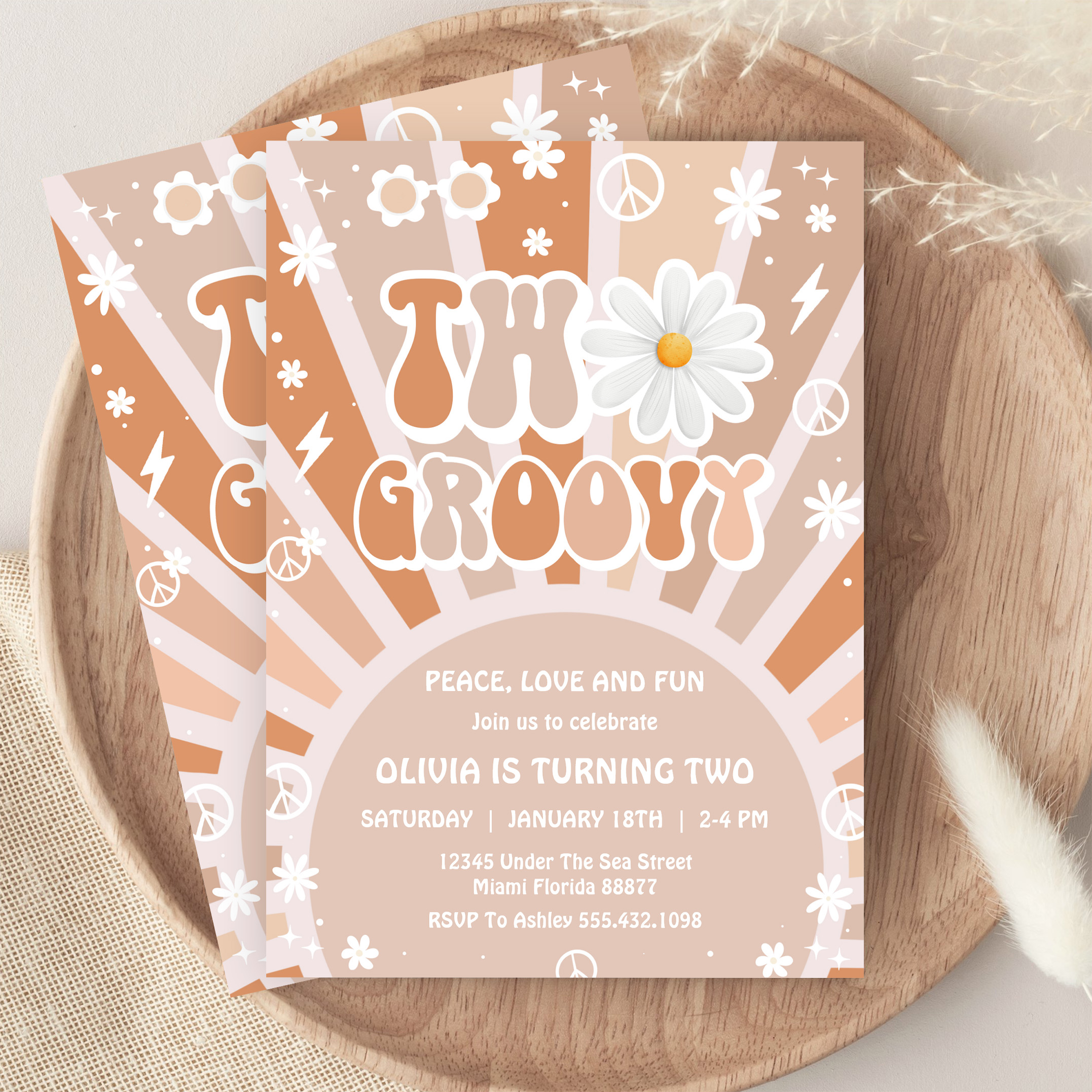 Two Groovy Hippie Pink Daisy Rainbow 2nd Birthday Invitation - Image 9