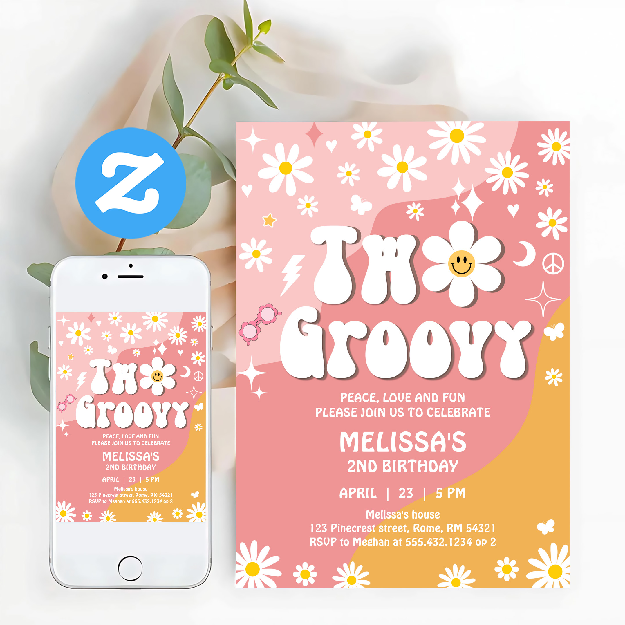 Two Groovy Pink Yellow Daisy Groovy 2nd Birthday Invitation - Image 12