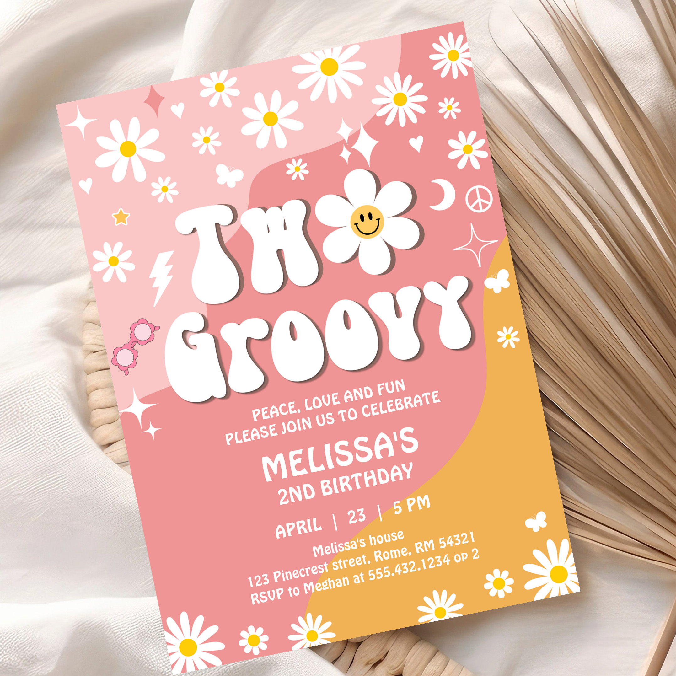 Two Groovy Pink Yellow Daisy Groovy 2nd Birthday Invitation - Image 10