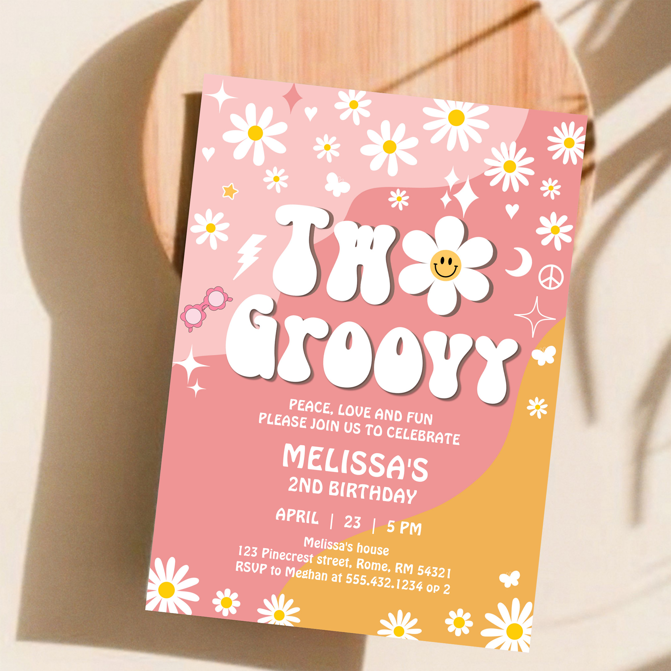 Two Groovy Pink Yellow Daisy Groovy 2nd Birthday Invitation - Image 11