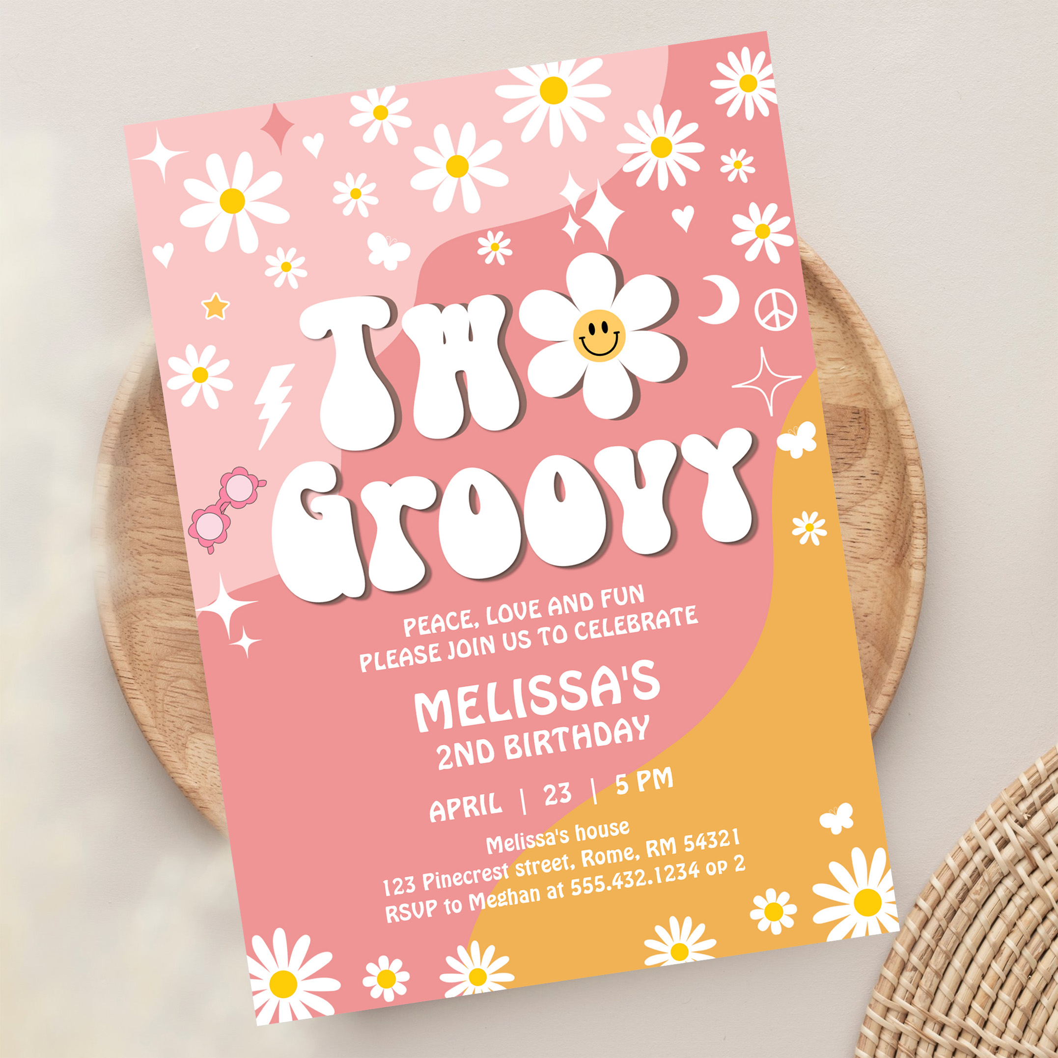 Two Groovy Pink Yellow Daisy Groovy 2nd Birthday Invitation - Image 13