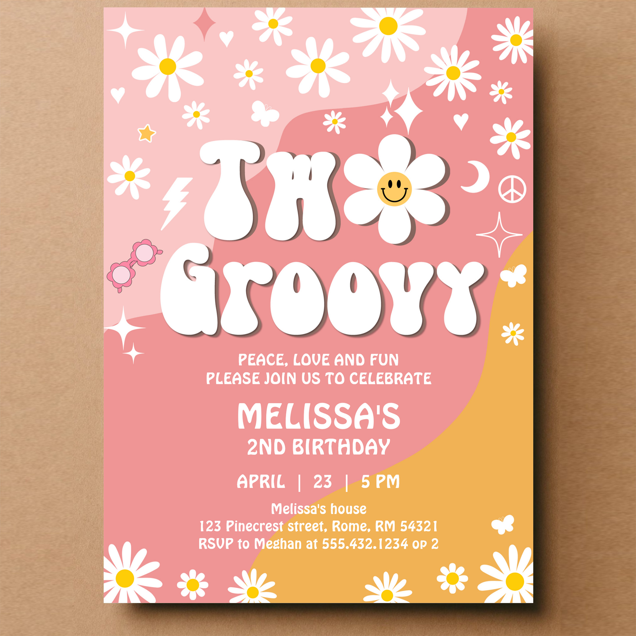 Two Groovy Pink Yellow Daisy Groovy 2nd Birthday Invitation - Image 14